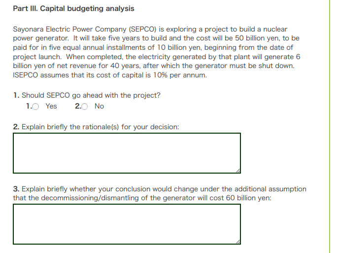 Part III. Capth budgeting analysis Sayonara