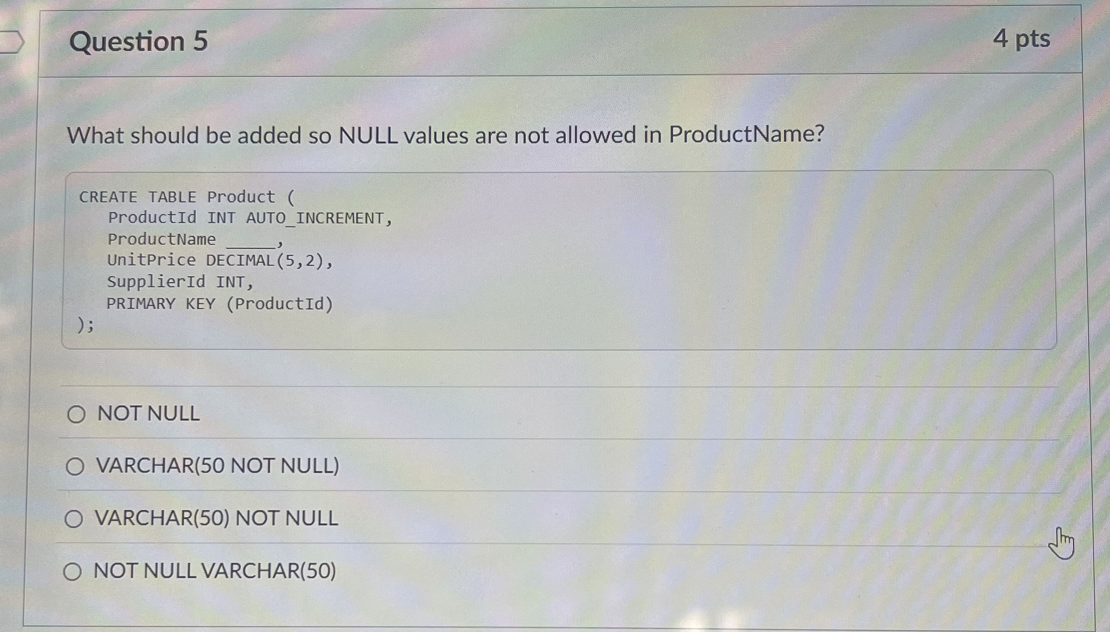 Question 5 4 pts What should be added so NULL