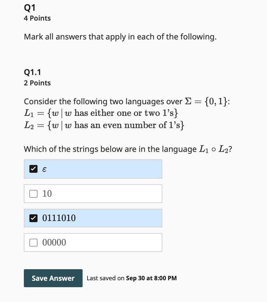 Q 1 4 Points Mark all answers that apply in each
