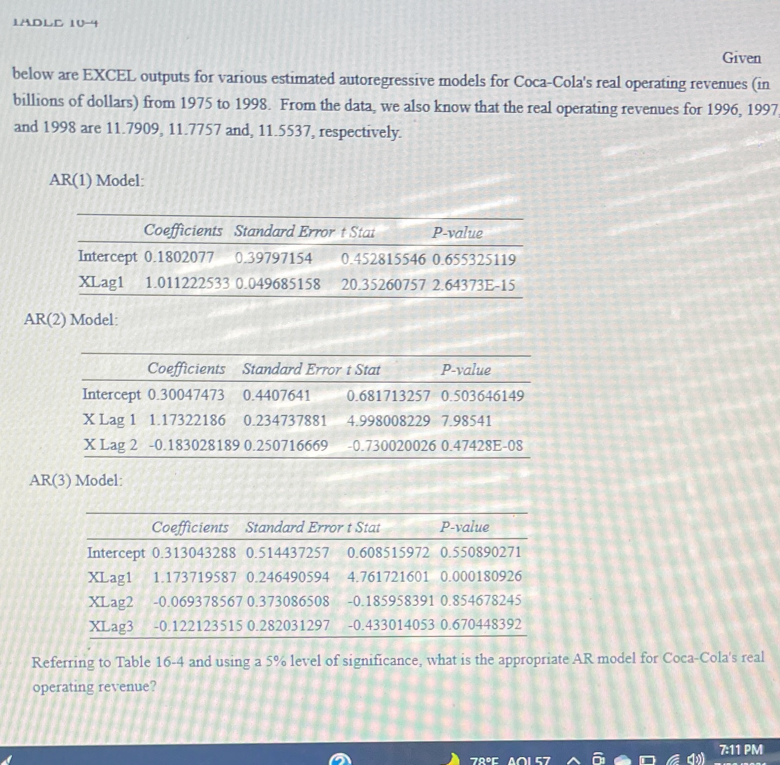 LADLE 10-4 Given below are EXCEL outputs for