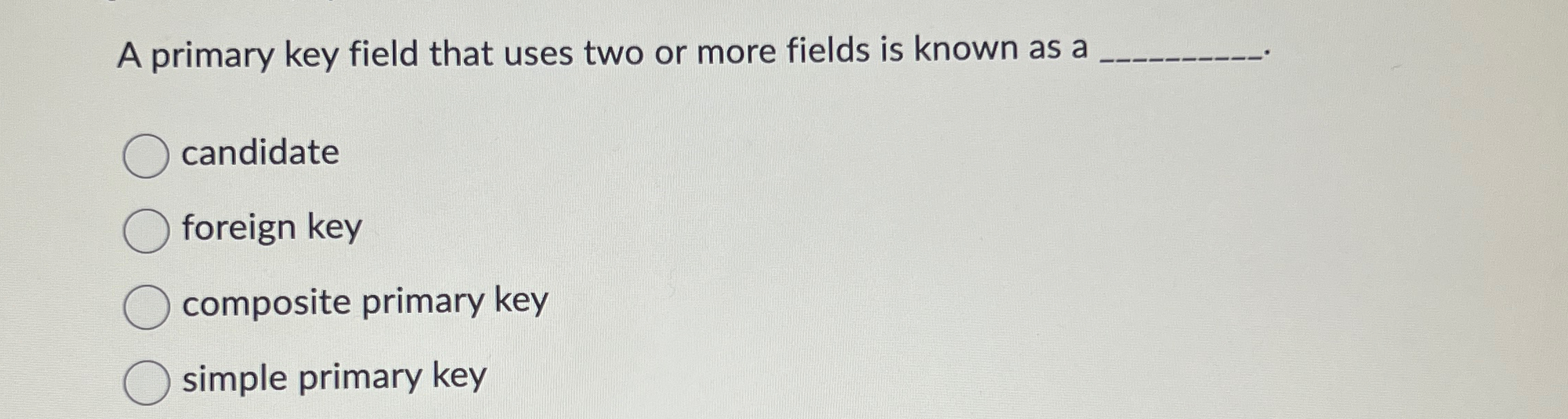 A primary key field that uses two or more fields