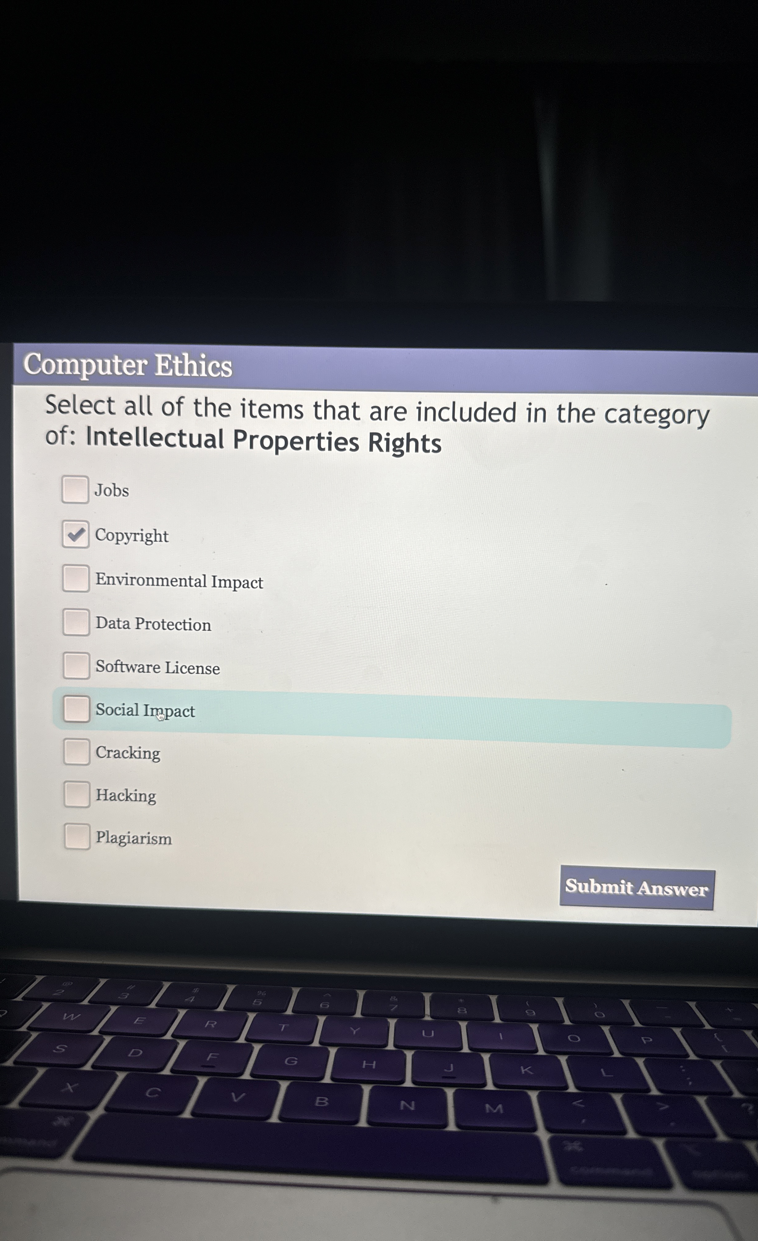 Computer Ethics Select all of the items that are