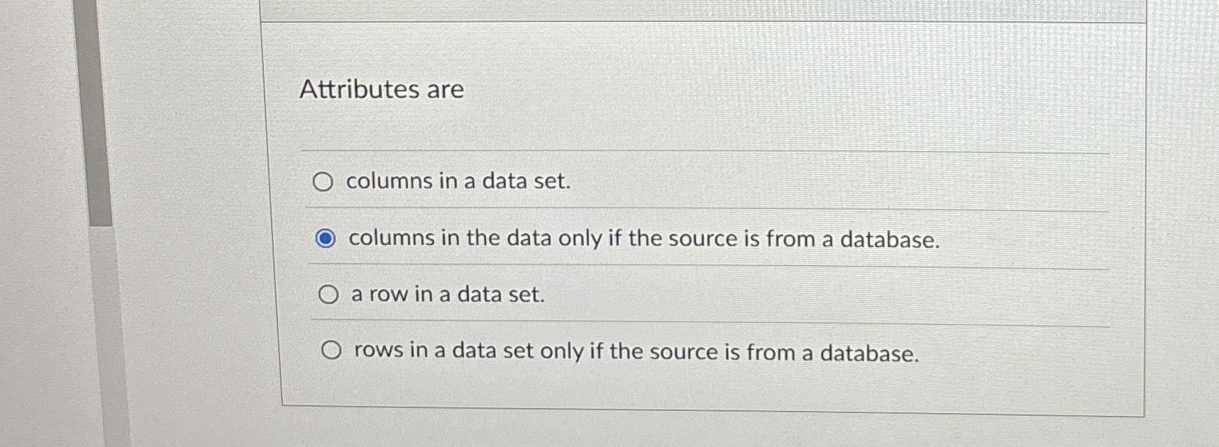 Attributes are columns in a data set. columns in