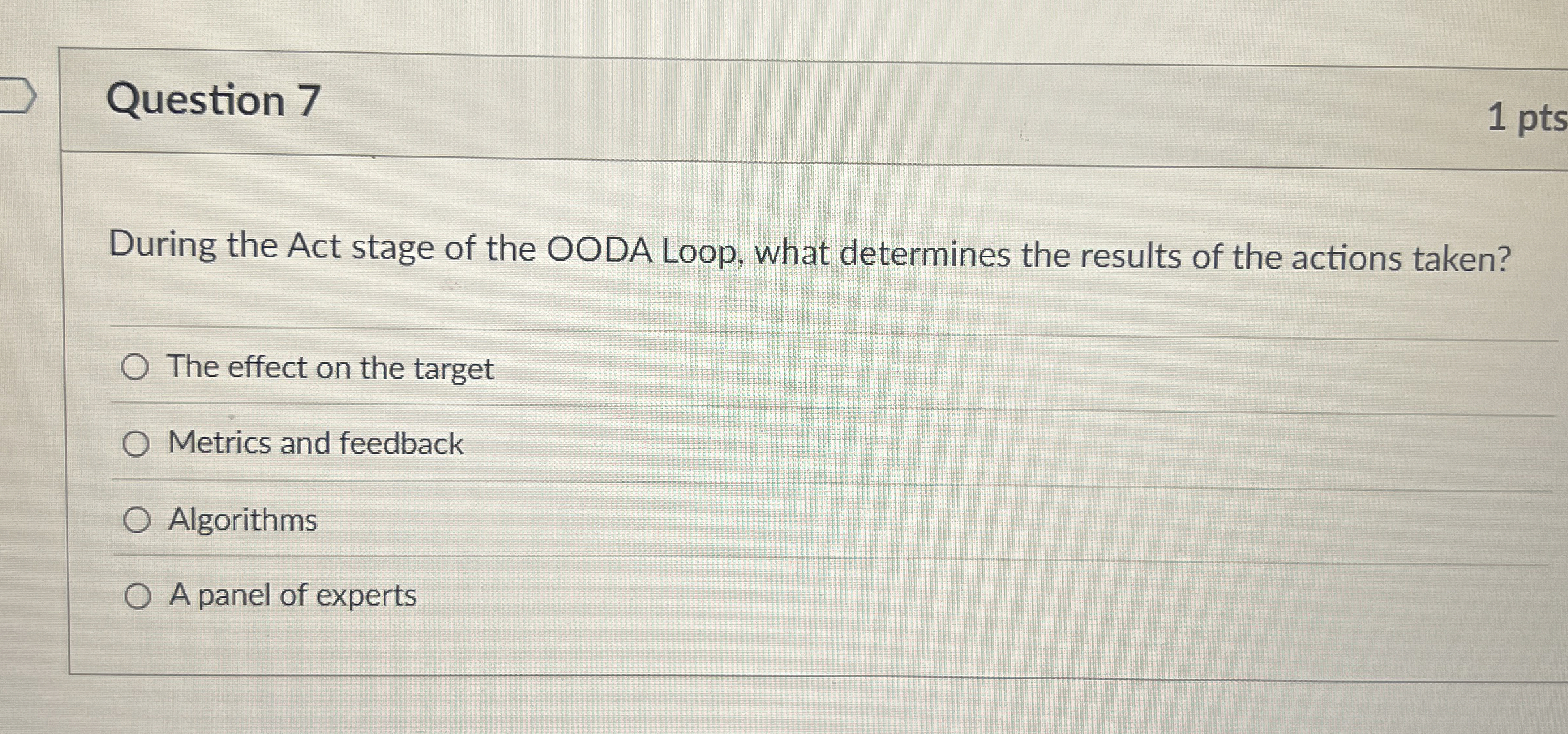 Question 7 During the Act stage of the OODA Loop,