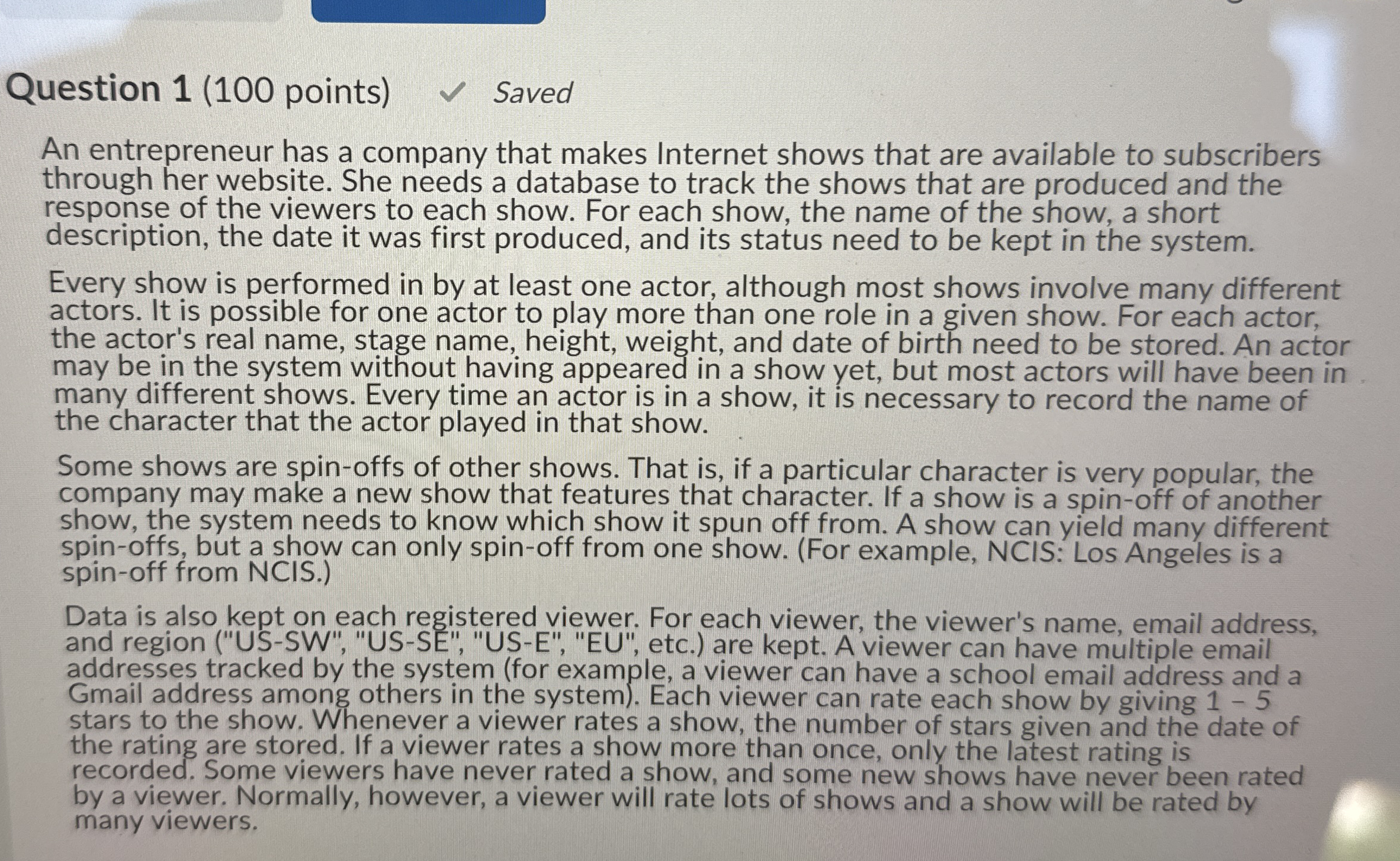 Question 1 ( 1 0 0 points ) Saved An entrepreneur