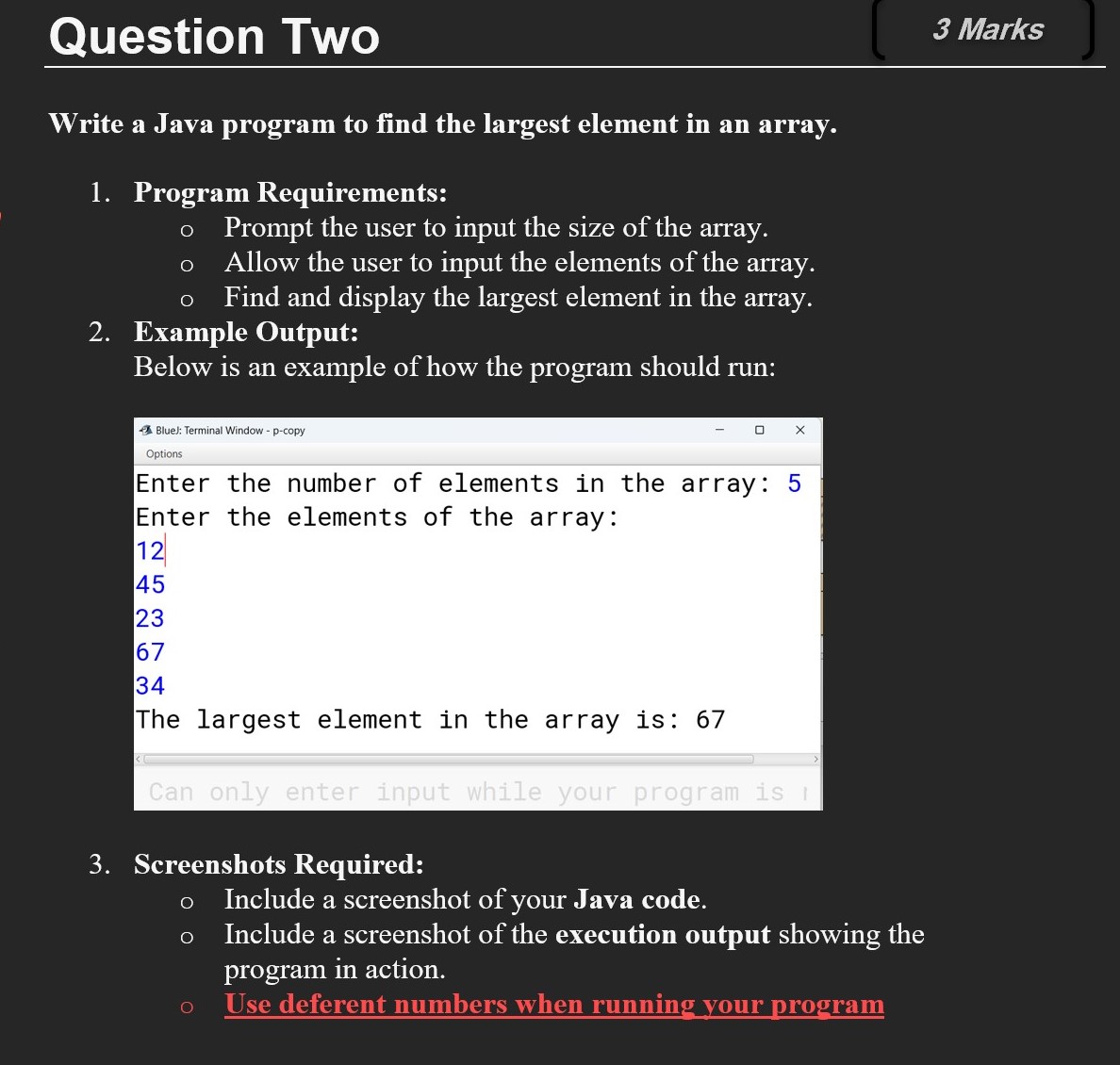 Write a Java program to find the largest element