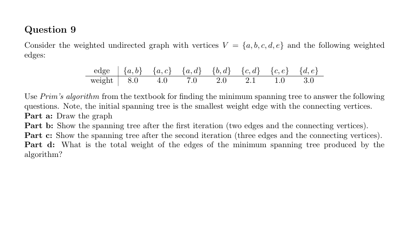 Question 9 Consider the weighted undirected graph