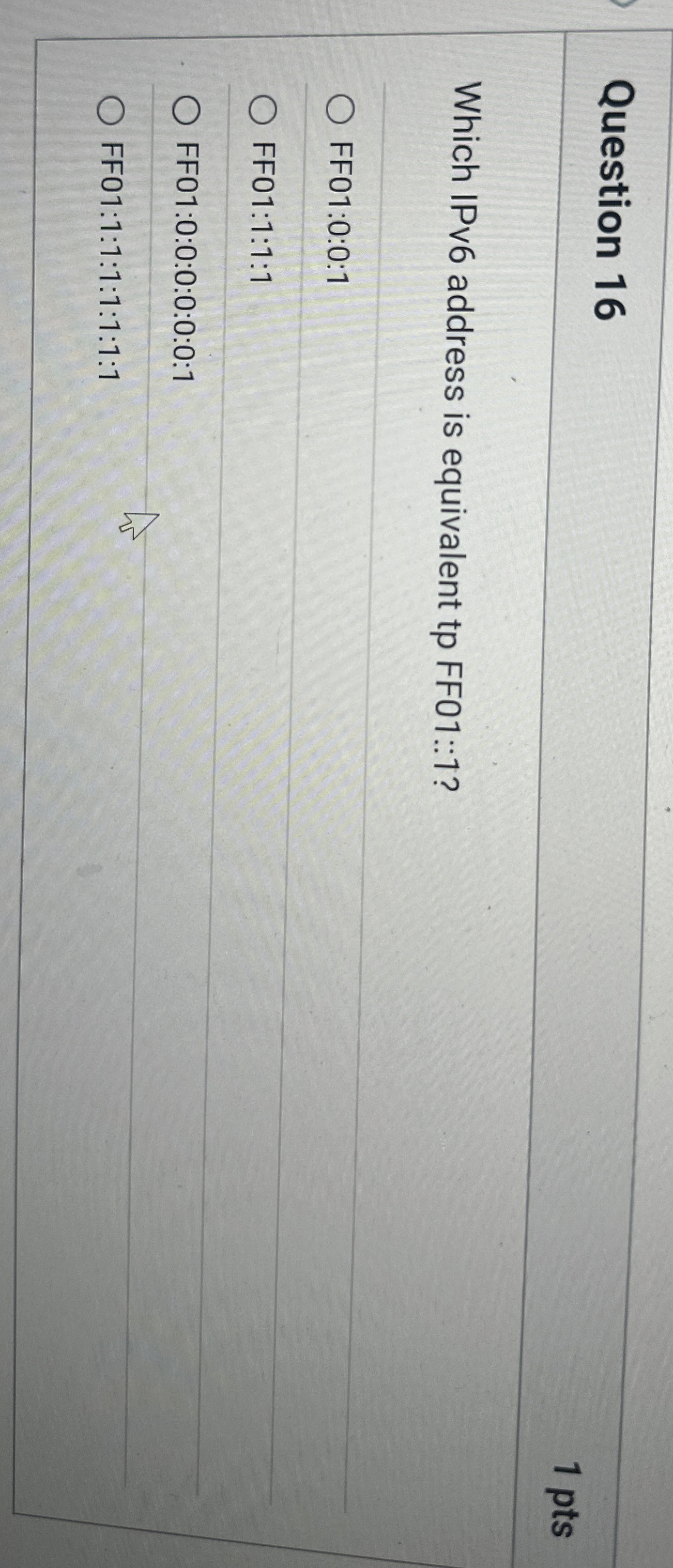 Question 1 6 Which IPv 6 address is equivalent tp