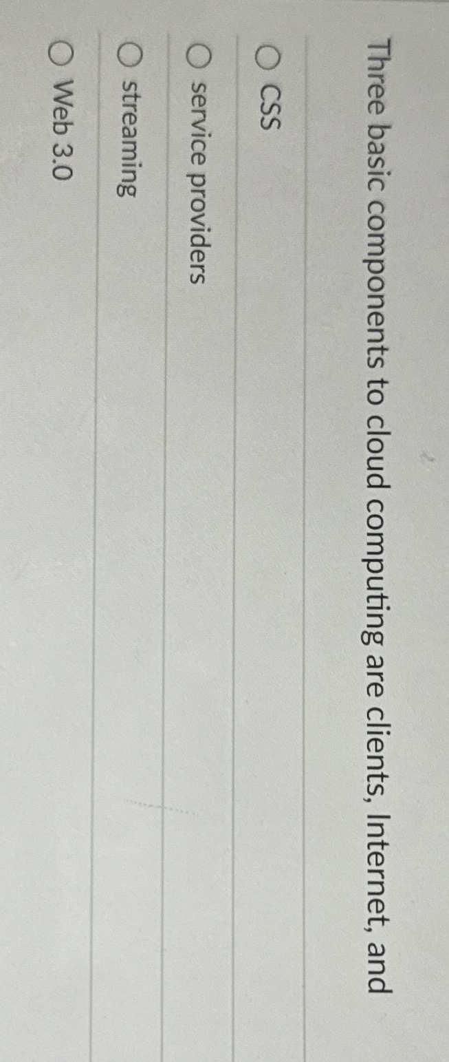 Three basic components to cloud computing are