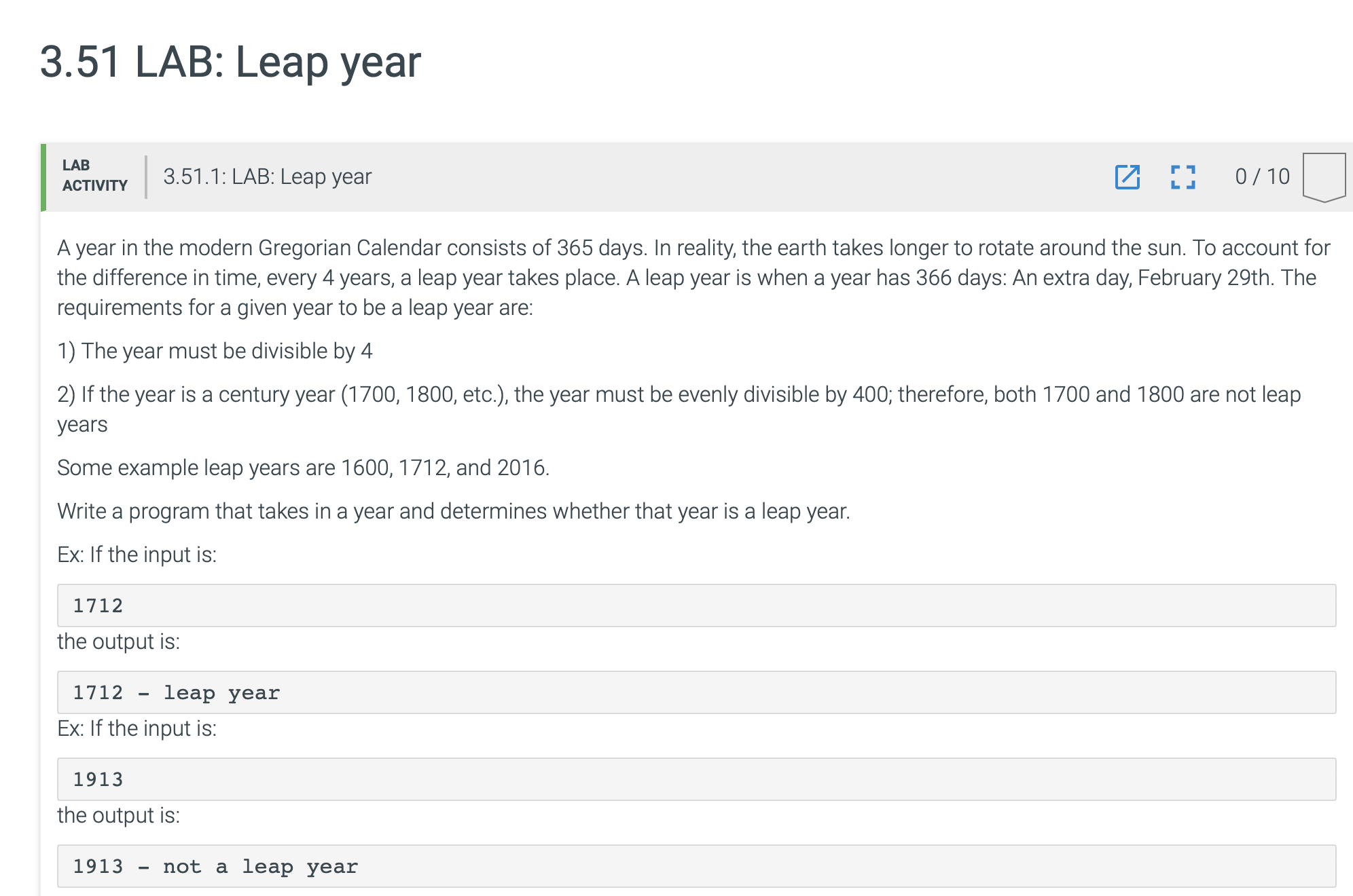 Write a C + + code. A year in the modern