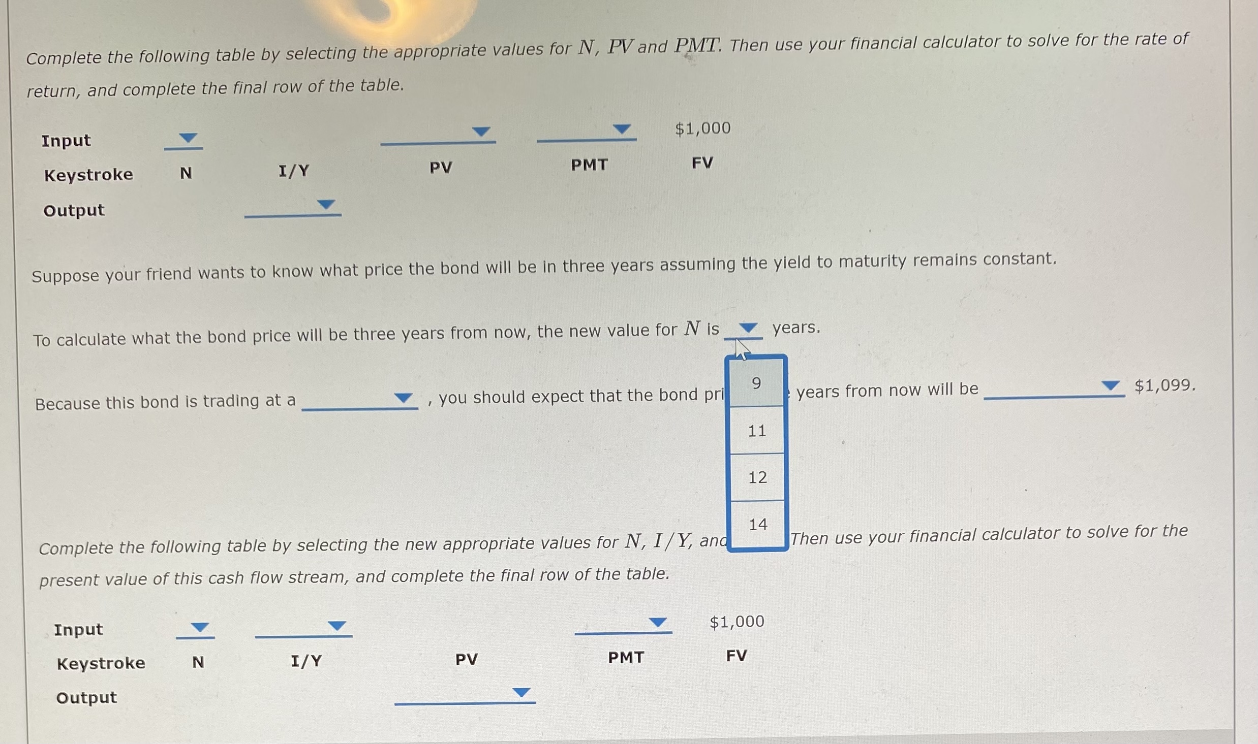 Complete the following table by selecting the