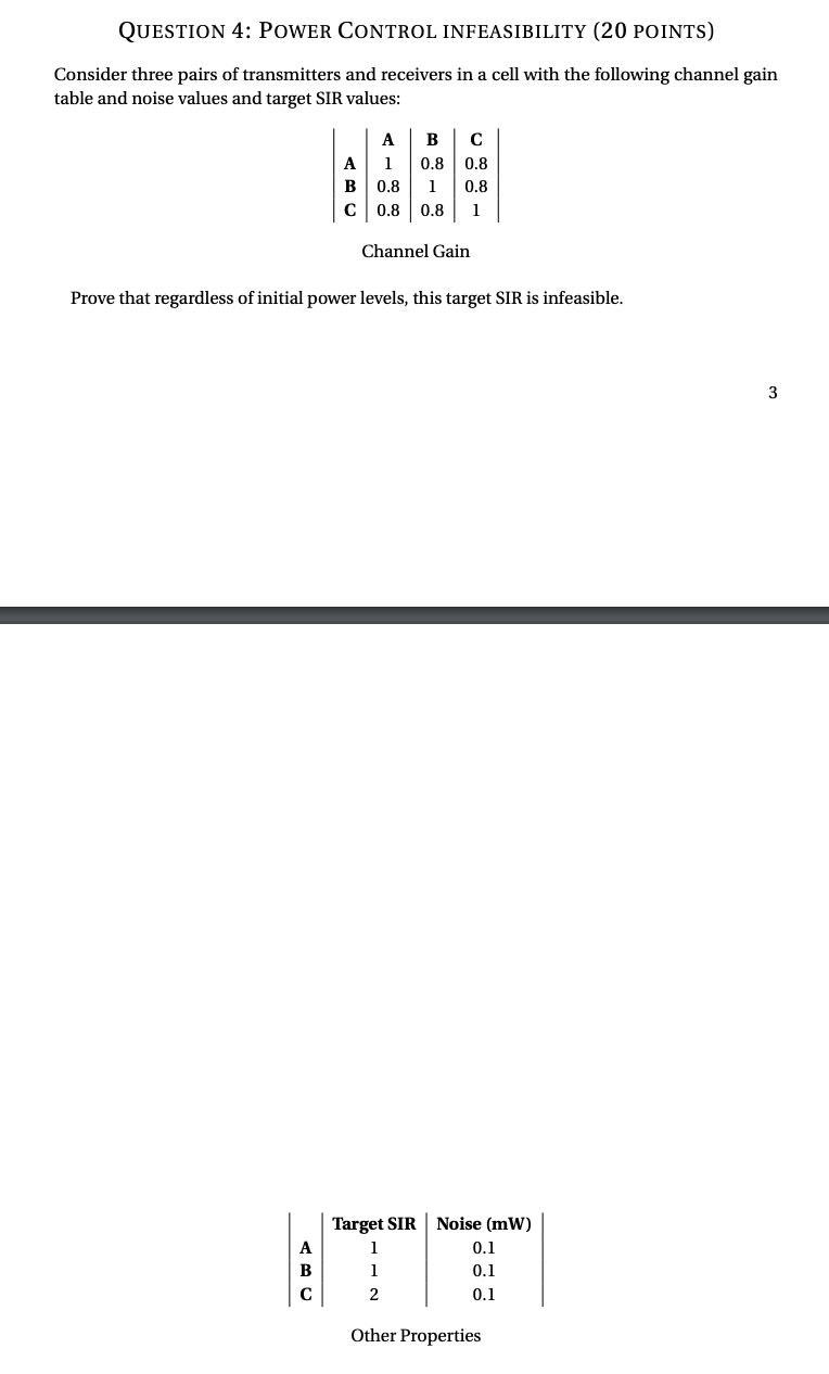 QUESTION 4 : POWER CONTROL INFEASIBILITY ( 2 0