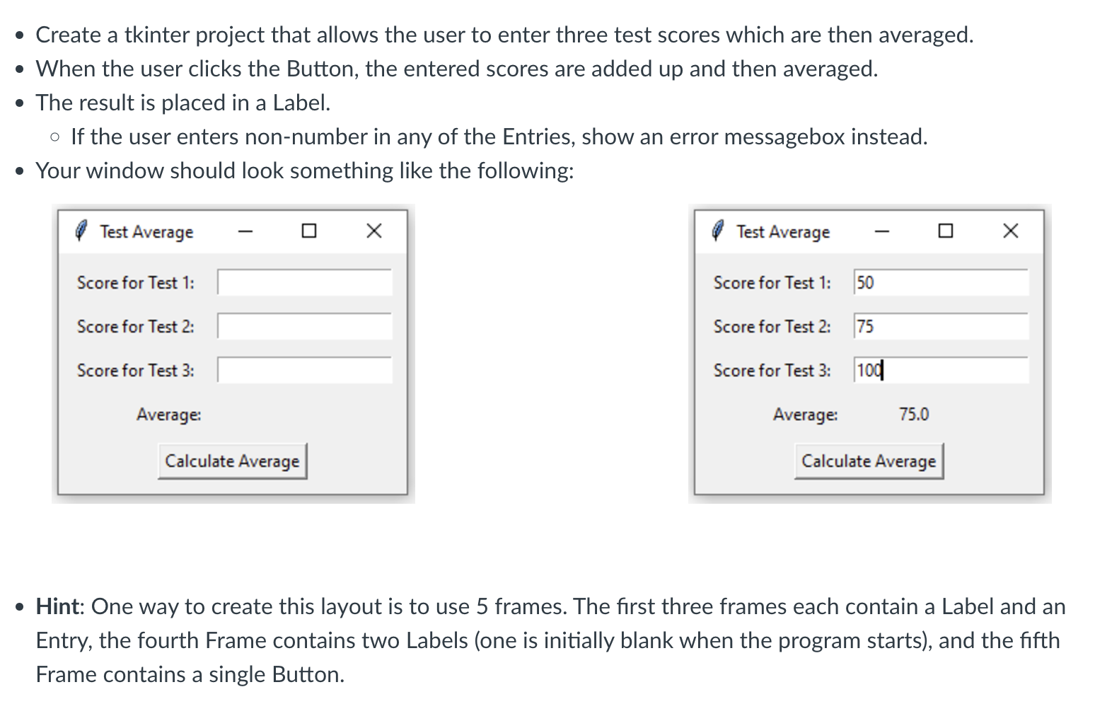 please use python please. Create a tkinter