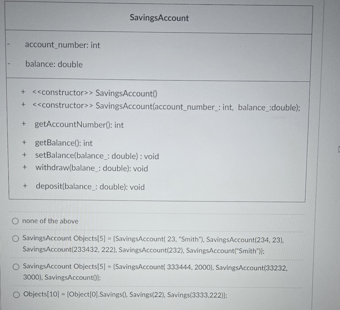 SavingsAccount account _ number: int balance: