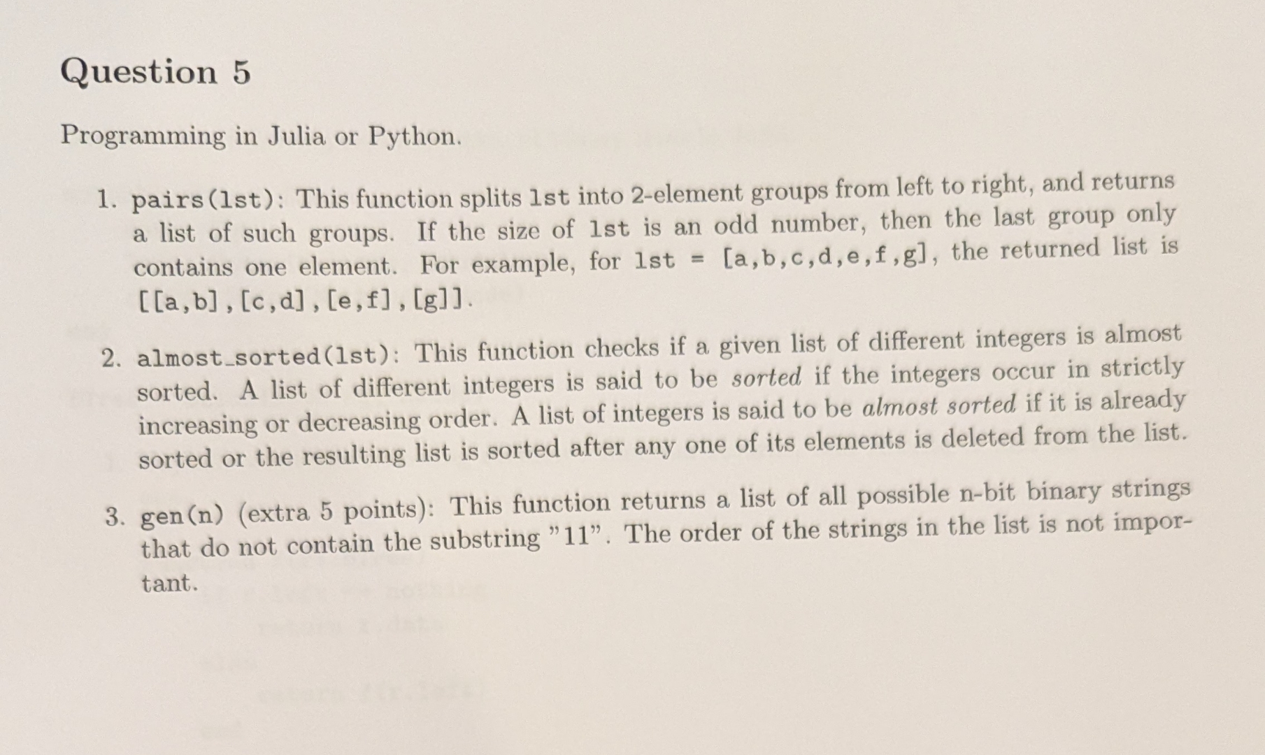 Question 5 Programming in Julia or Python. pairs