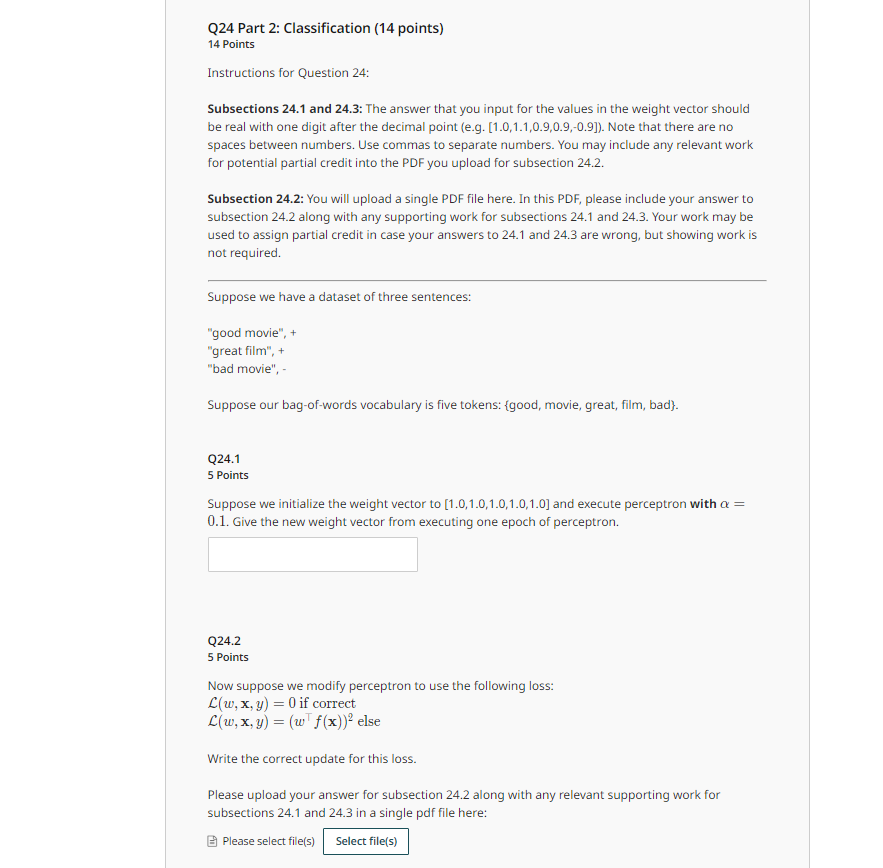 Q 2 4 Part 2 : Classification ( 1 4 points ) 1 4