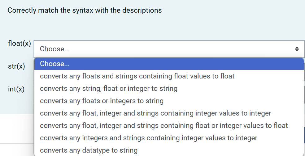 Correctly match the syntax with the descriptions