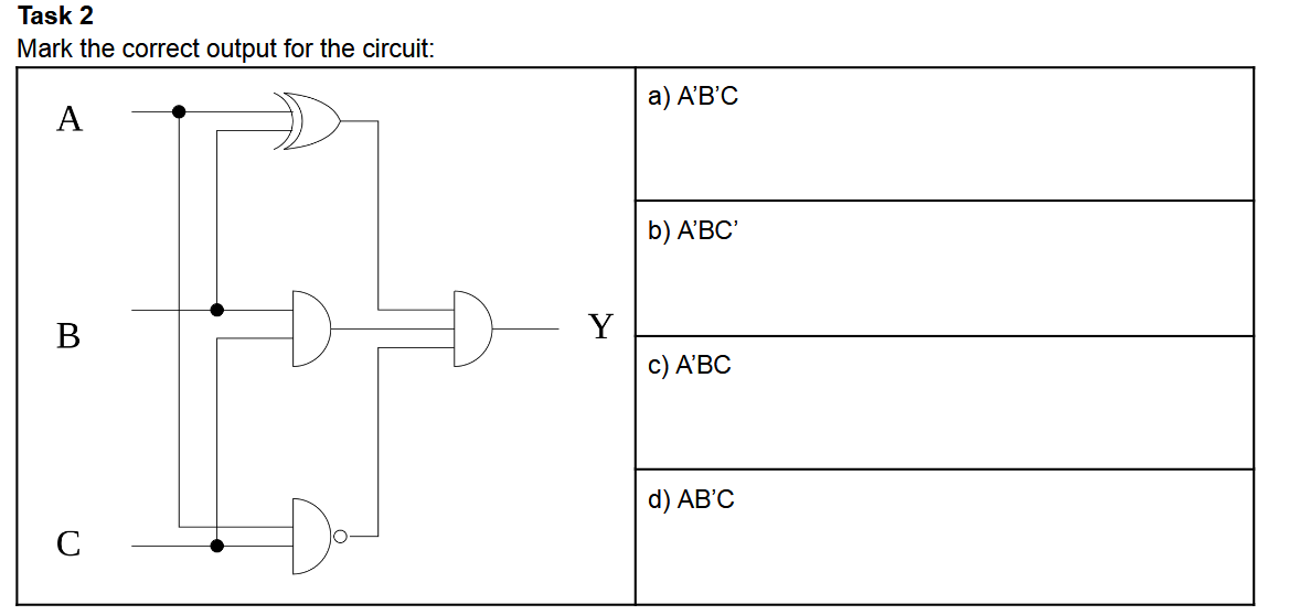 Task 2 Mark the correct output for the circuit: