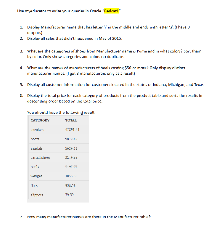 Use myeducator to write your queries in Oracle