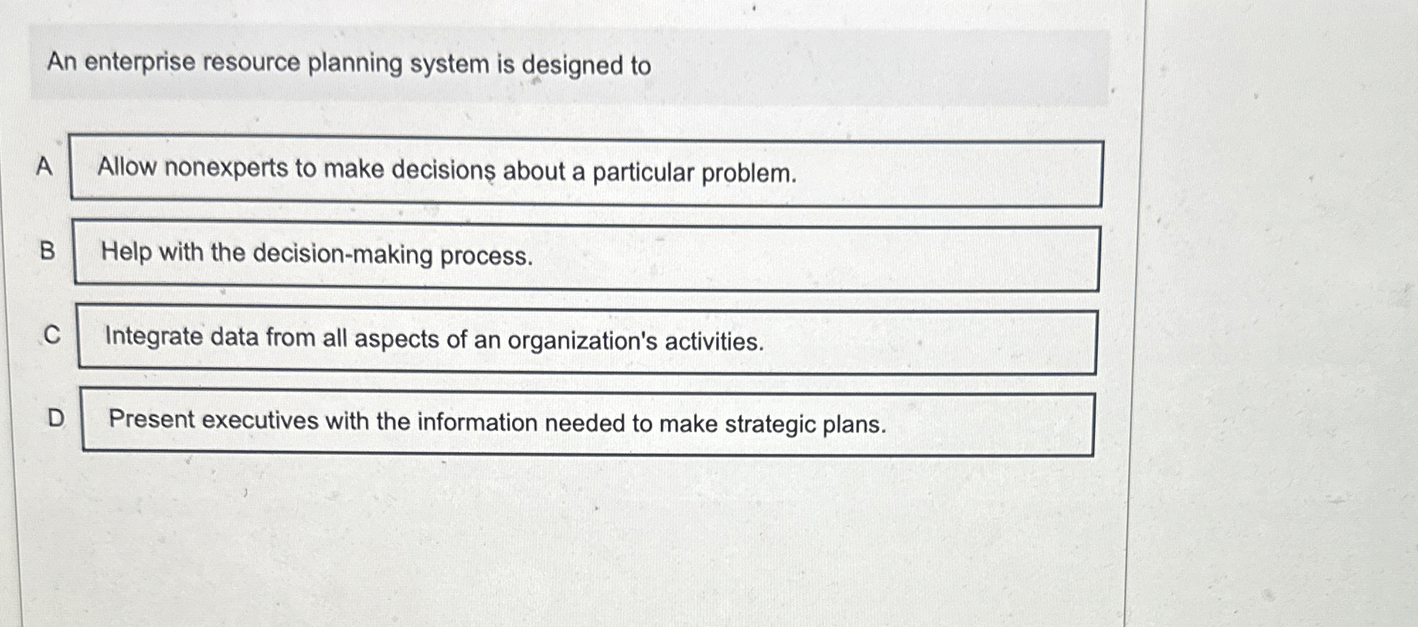 An enterprise resource planning system is