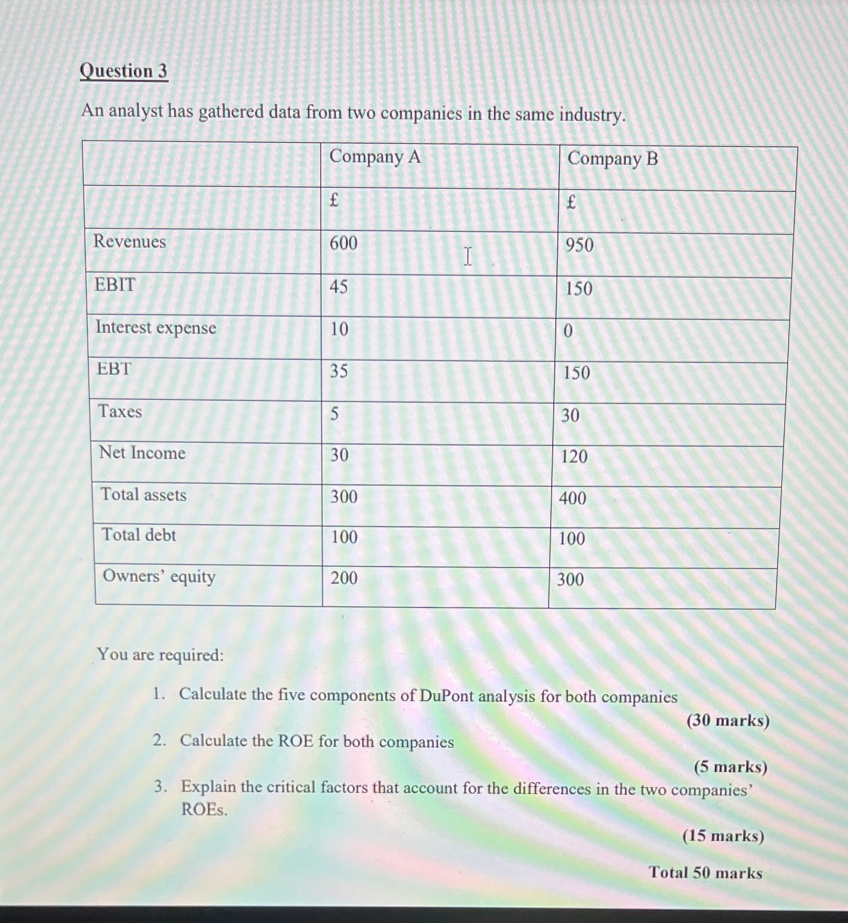 Question 3 An analyst has gathered data from two