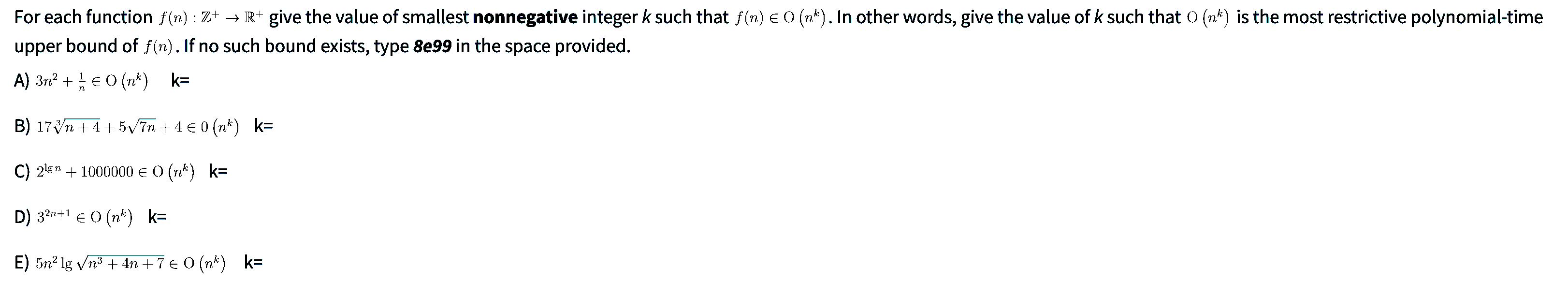 values of k must be filled in