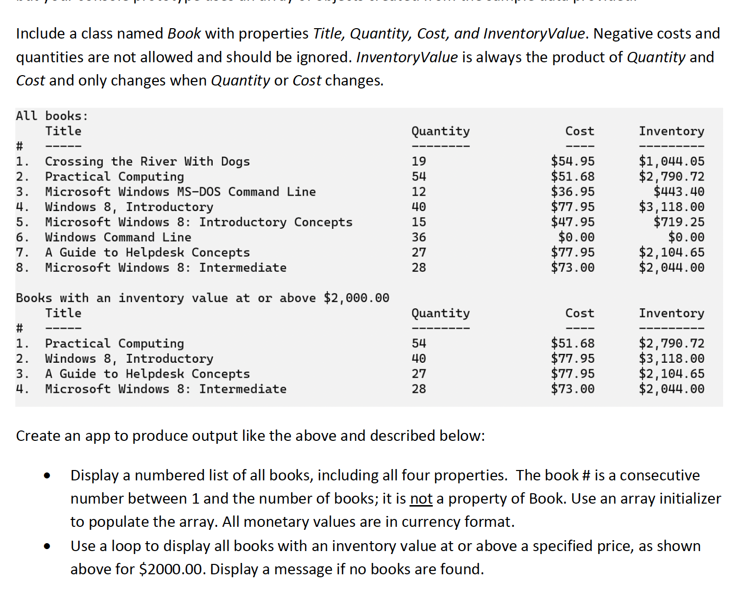 Include a class named Book with properties Title,