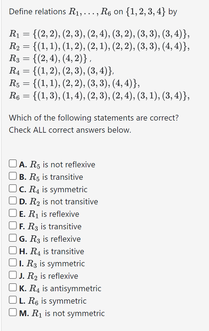Define relations R 1 , dots, R 6 on { 1 , 2 , 3 ,