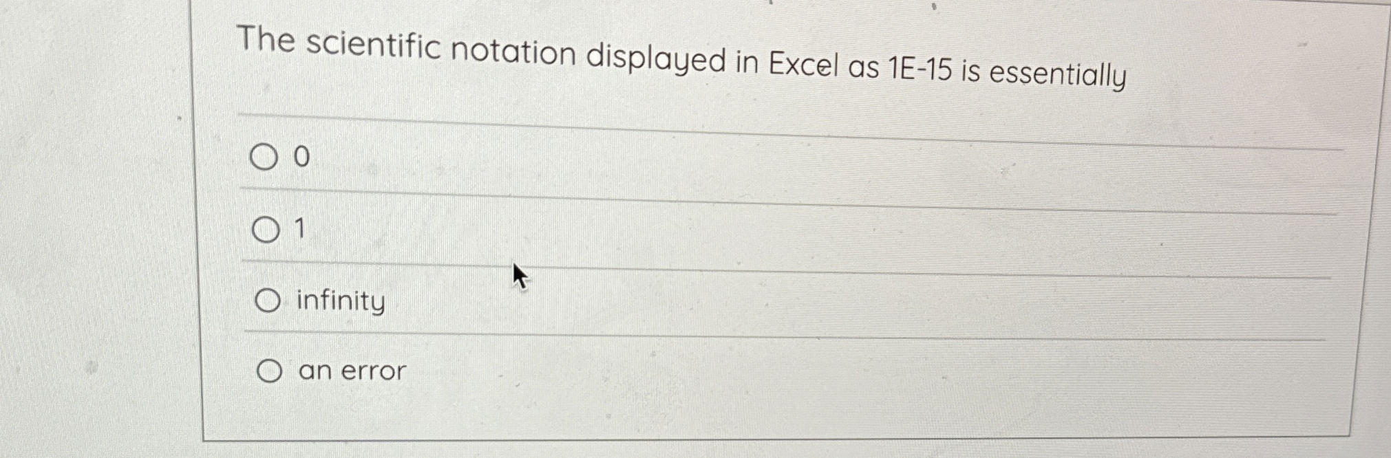 The scientific notation displayed in Excel as 1 E