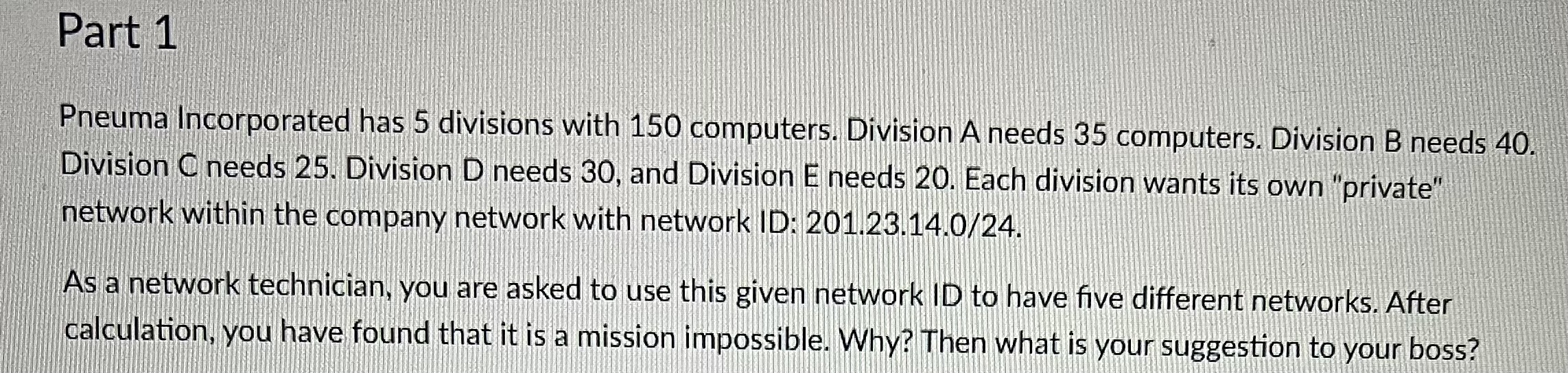 Part 1 Pneuma Incorporated has 5 divisions with 1