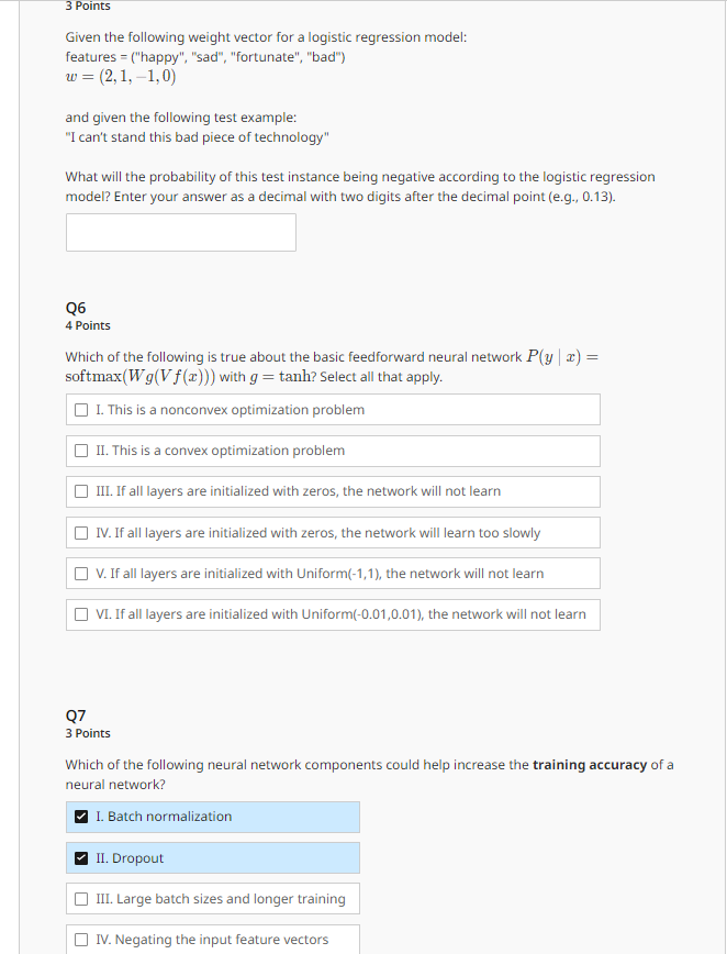 3 Points Given the following weight vector for a