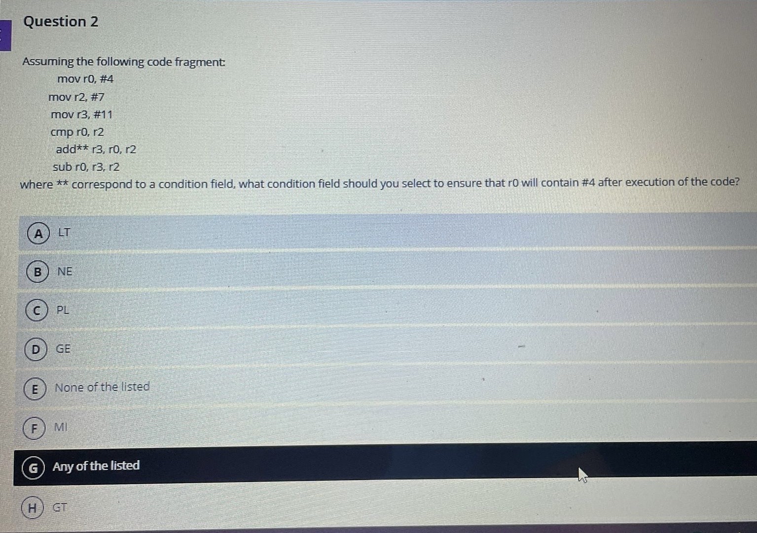 Question 2 Assuming the following code fragment