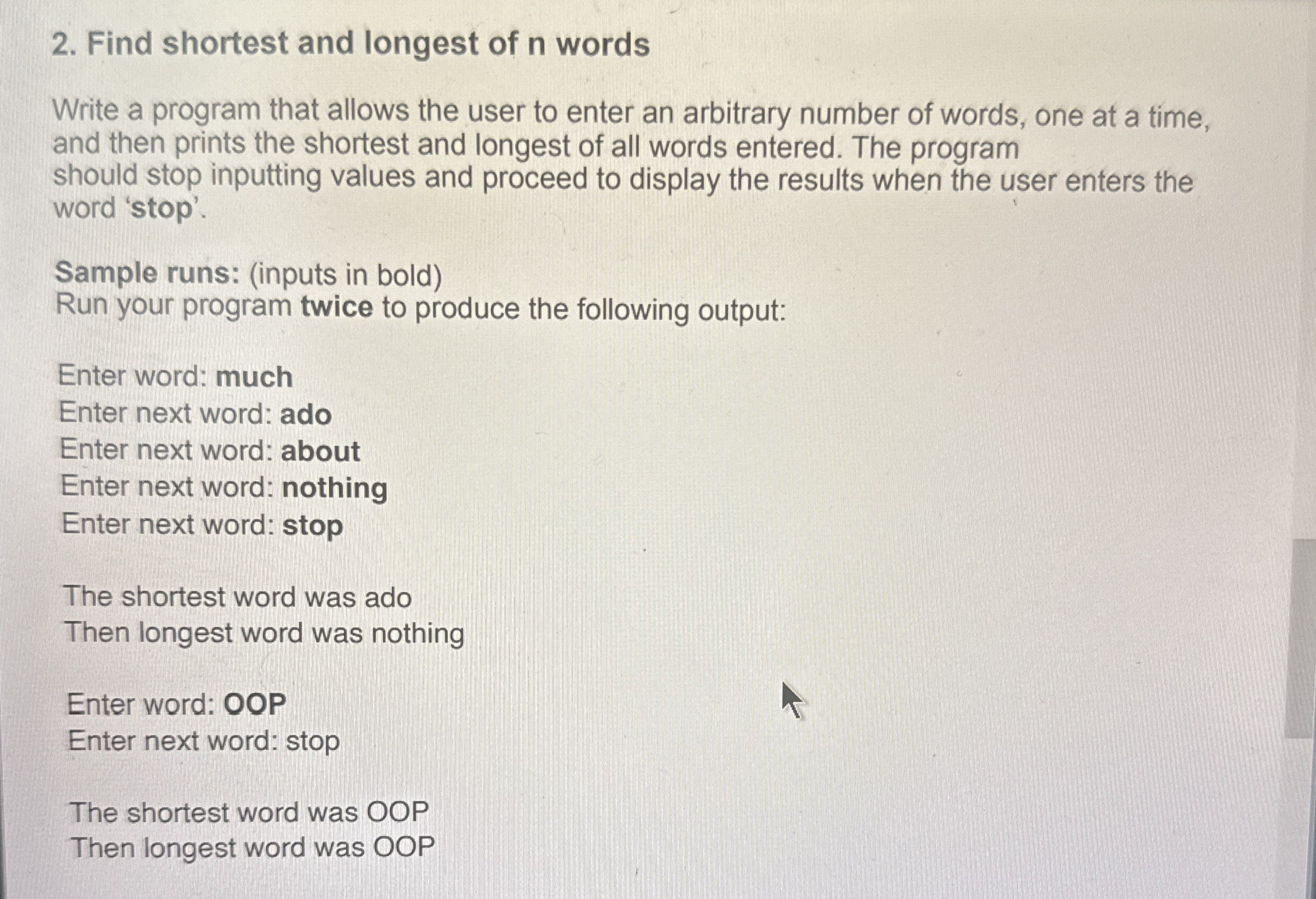 Find shortest and longest of n words Write a