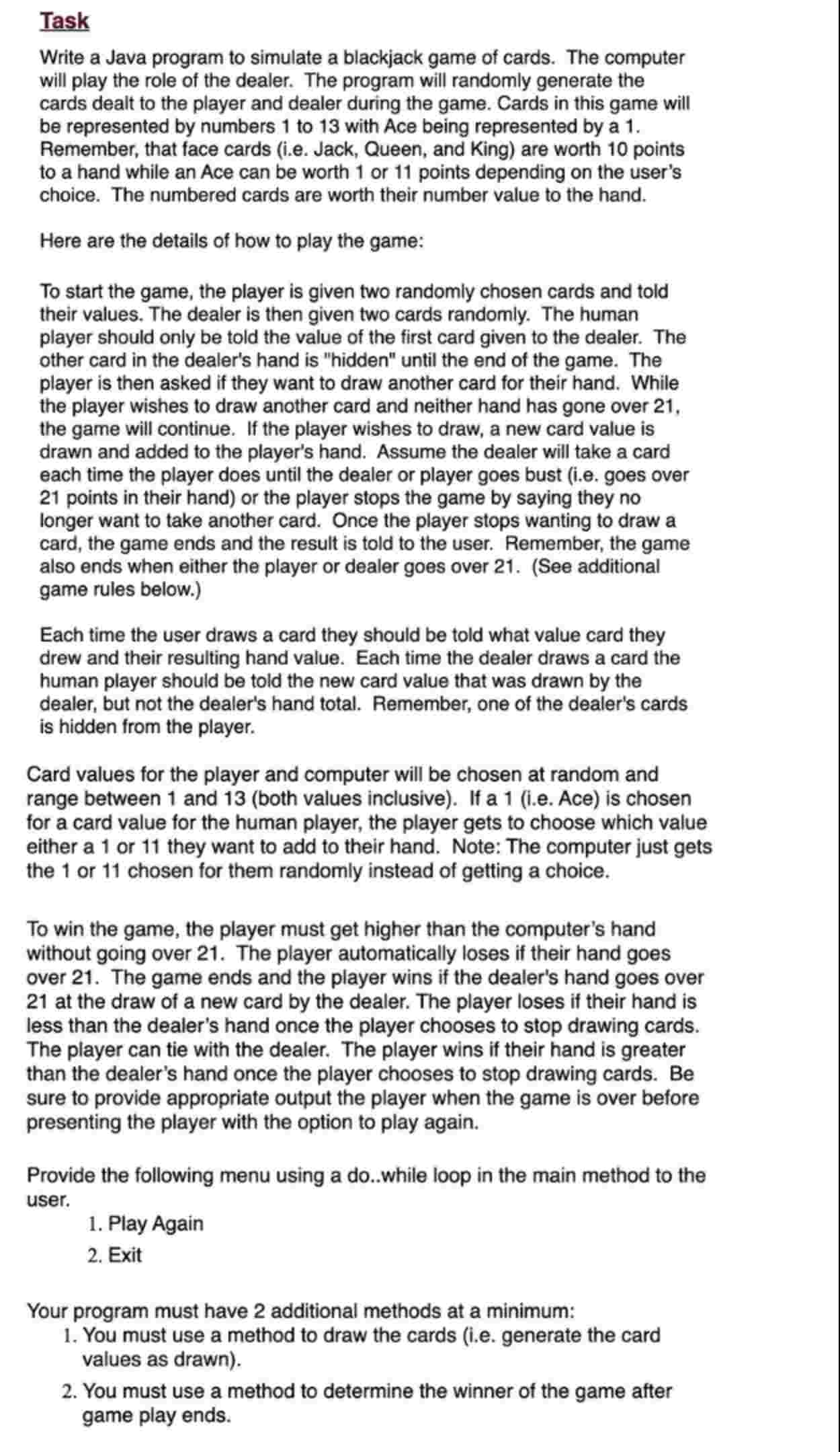 Task Write a Java program to simulate a blackjack