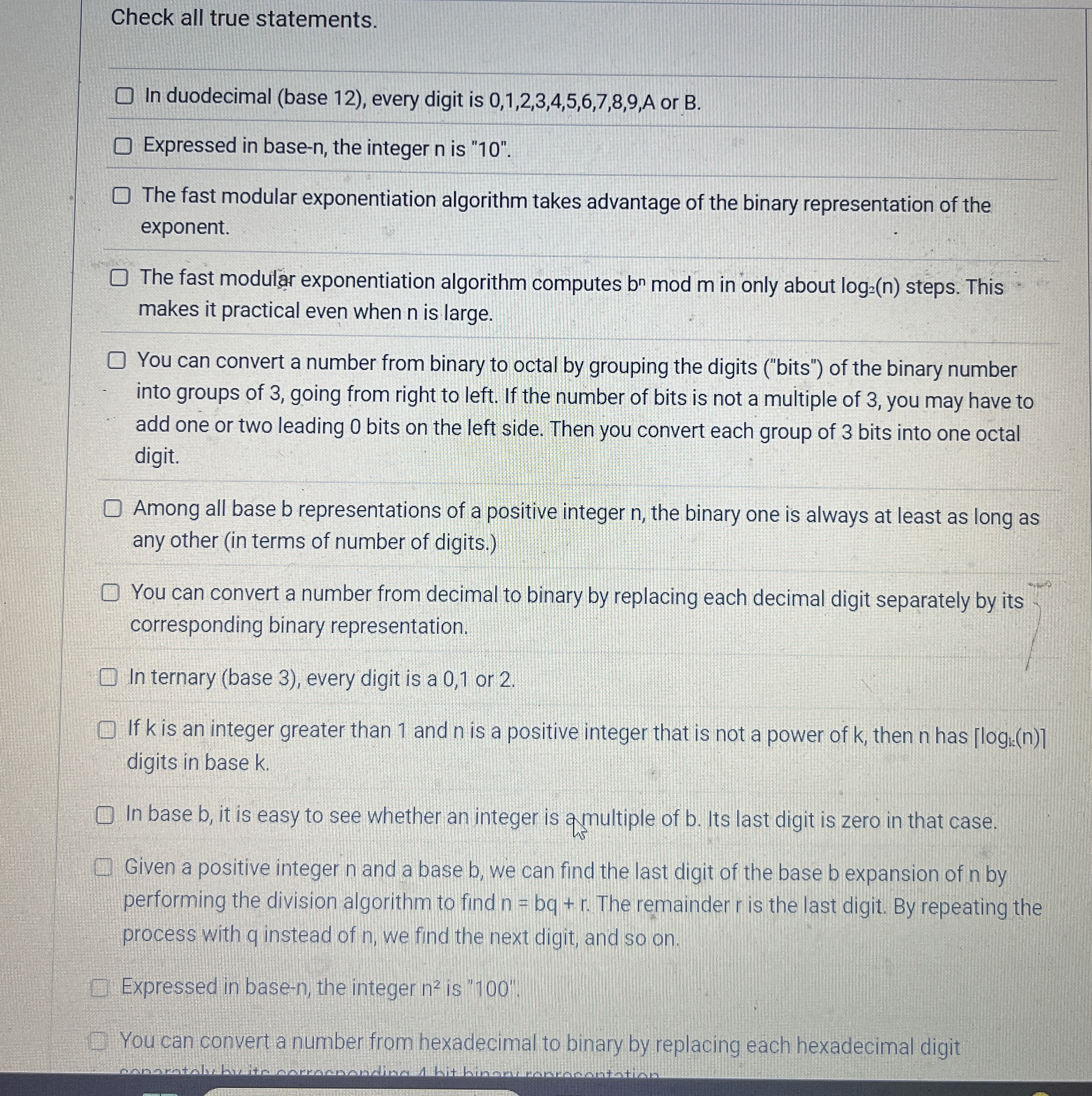 Check all true statements. In duodecimal ( base 1