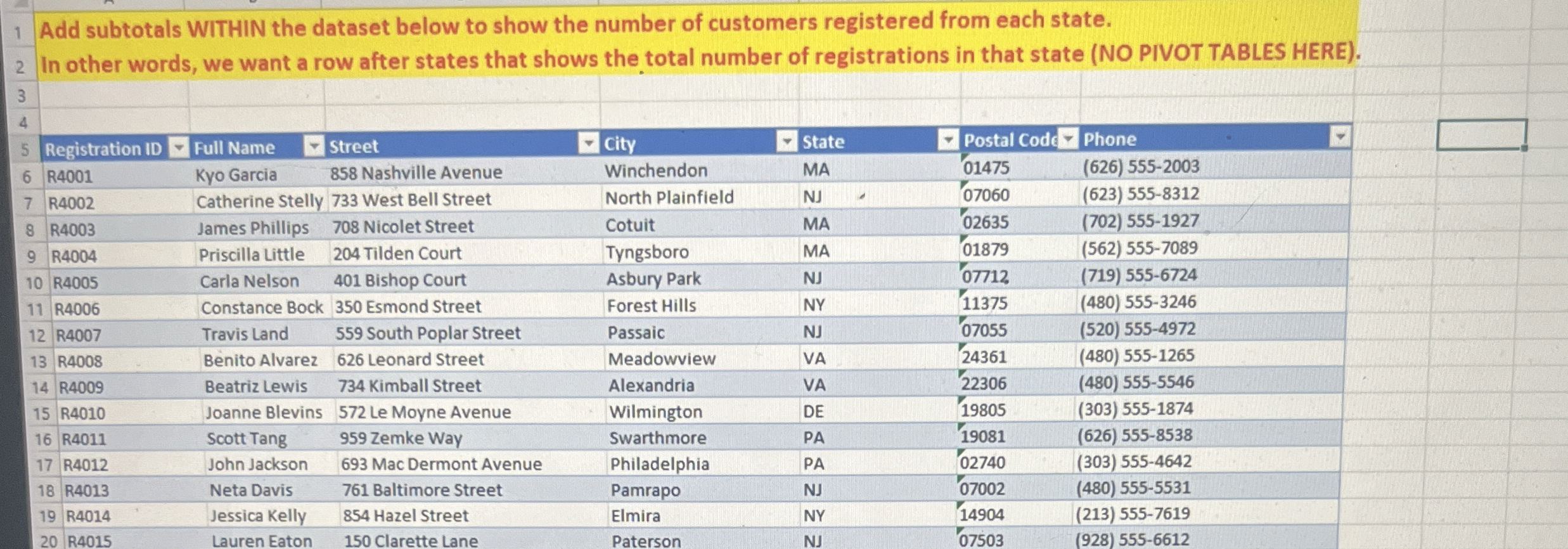 1 Add subtotals WITHIN the dataset below to show