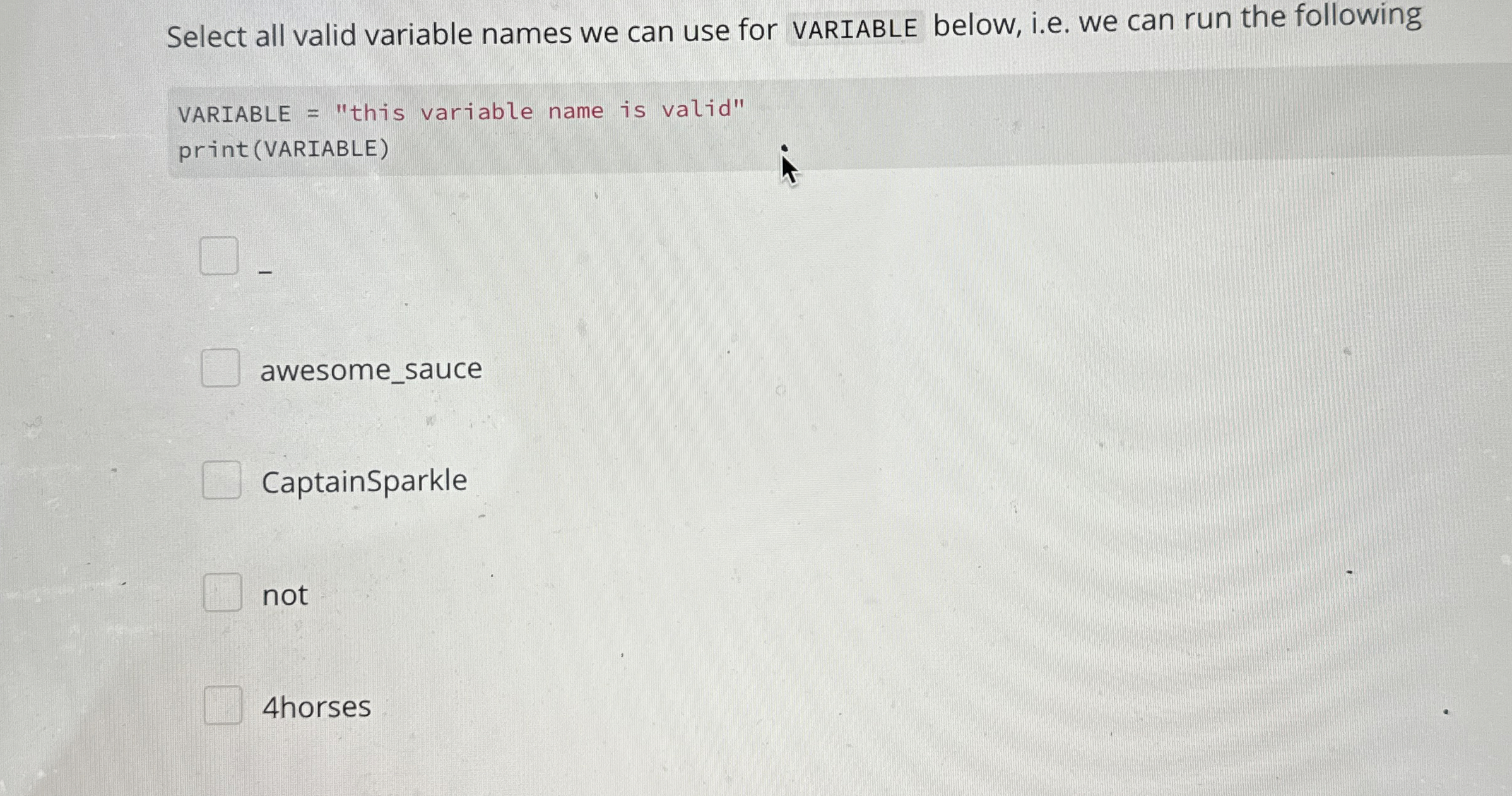 Select all valid variable names we can use for