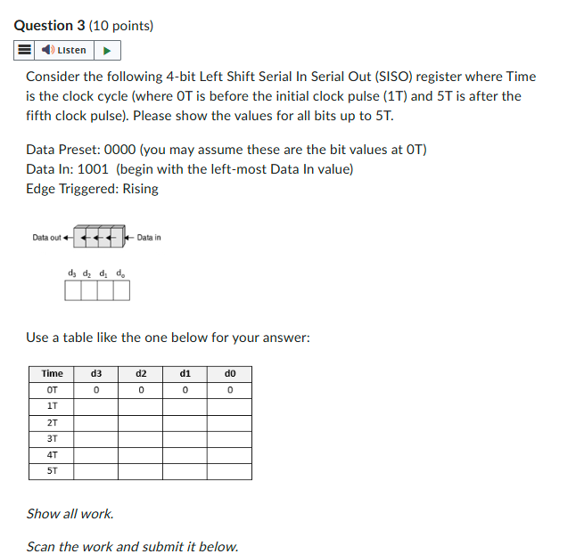 Question 3 ( 1 0 points ) Consider the following
