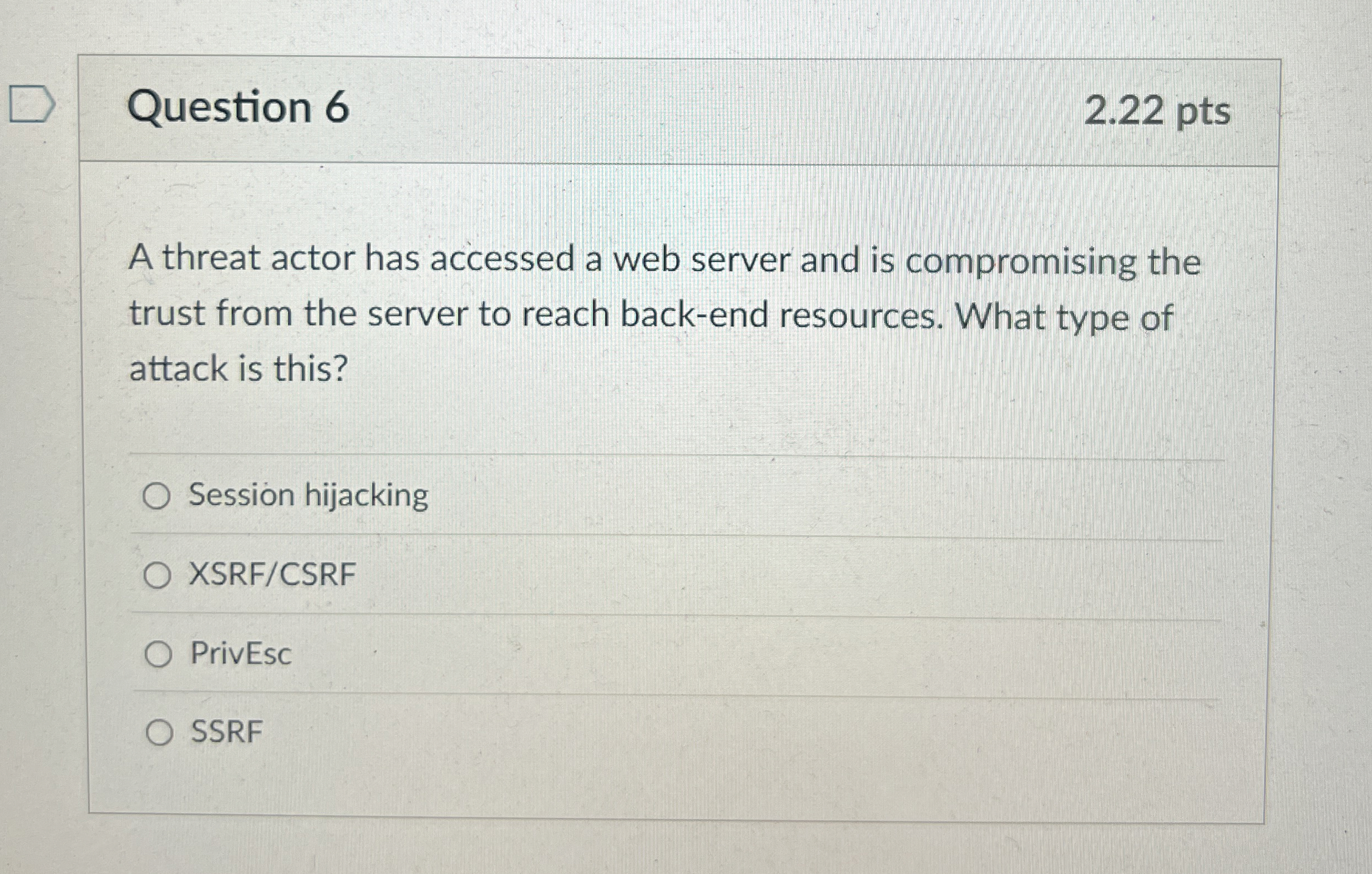 Question 6 2 . 2 2 pts A threat actor has