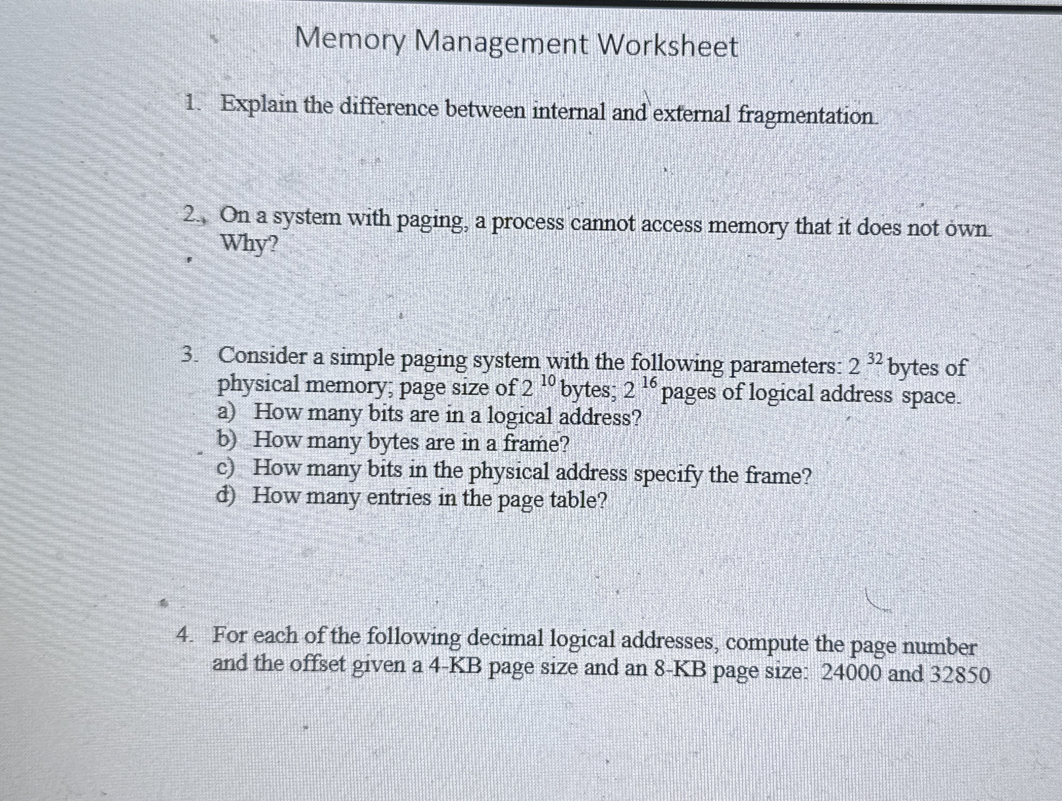 Memory Management Worksheet Explain the