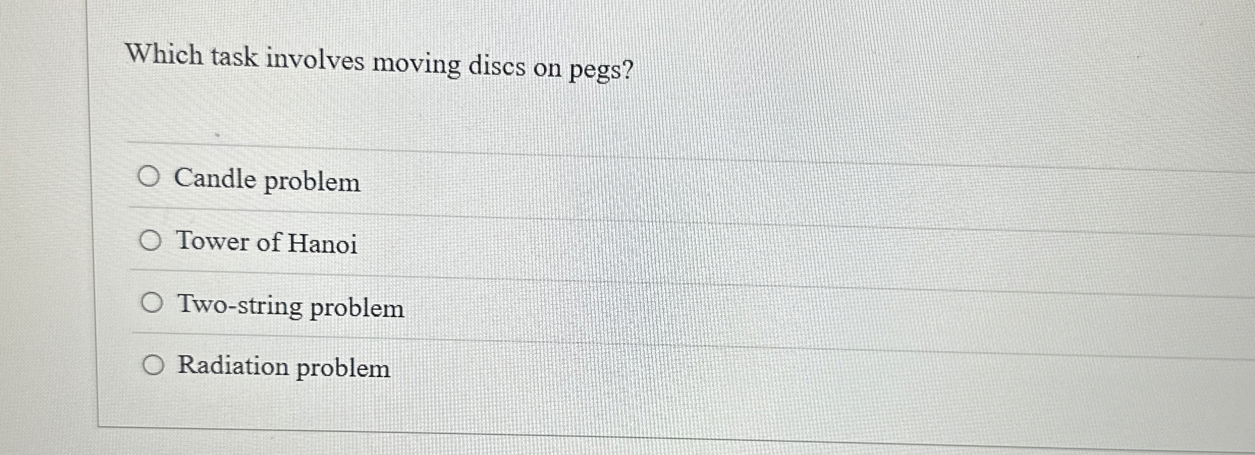 Which task involves moving discs on pegs? Candle