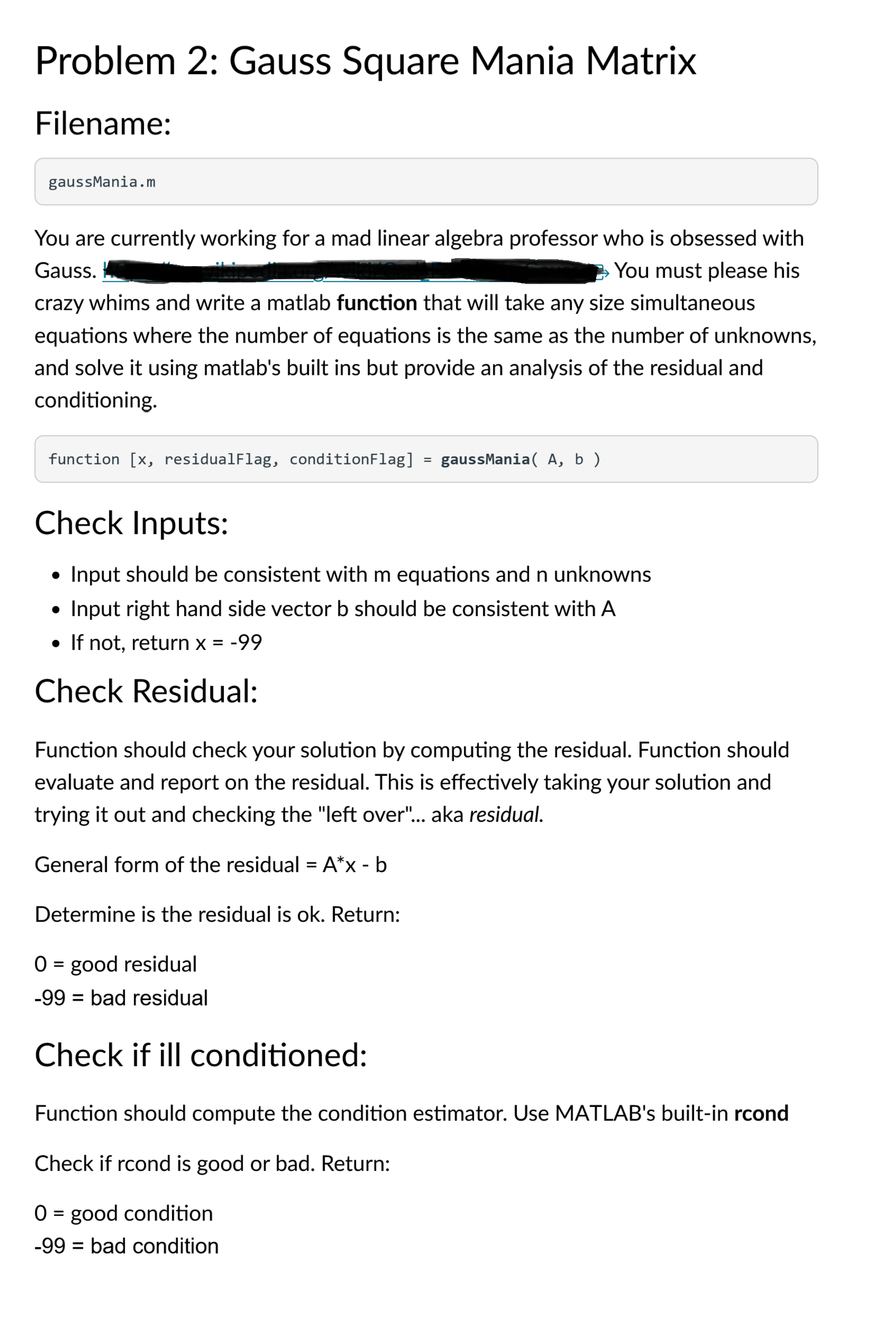 Problem 2 : Gauss Square Mania Matrix Filename: