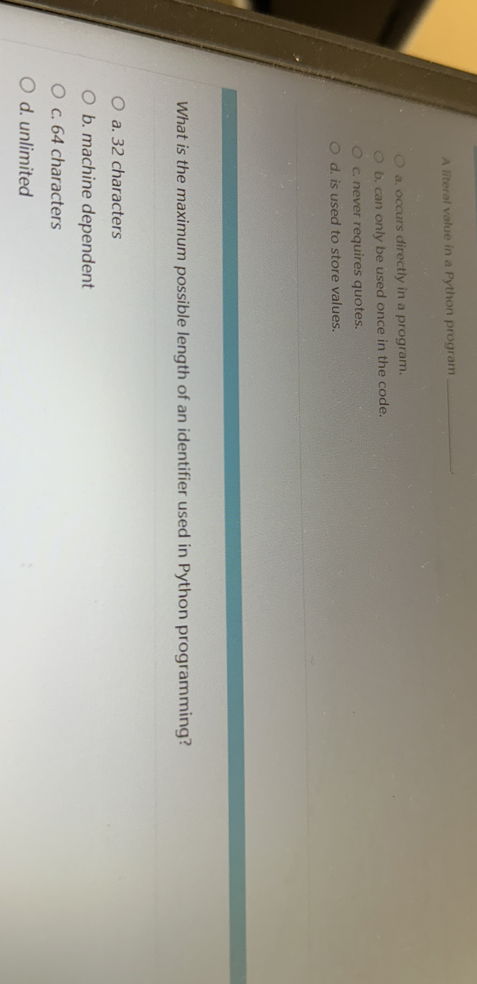 A literal value in a Python program q , a .