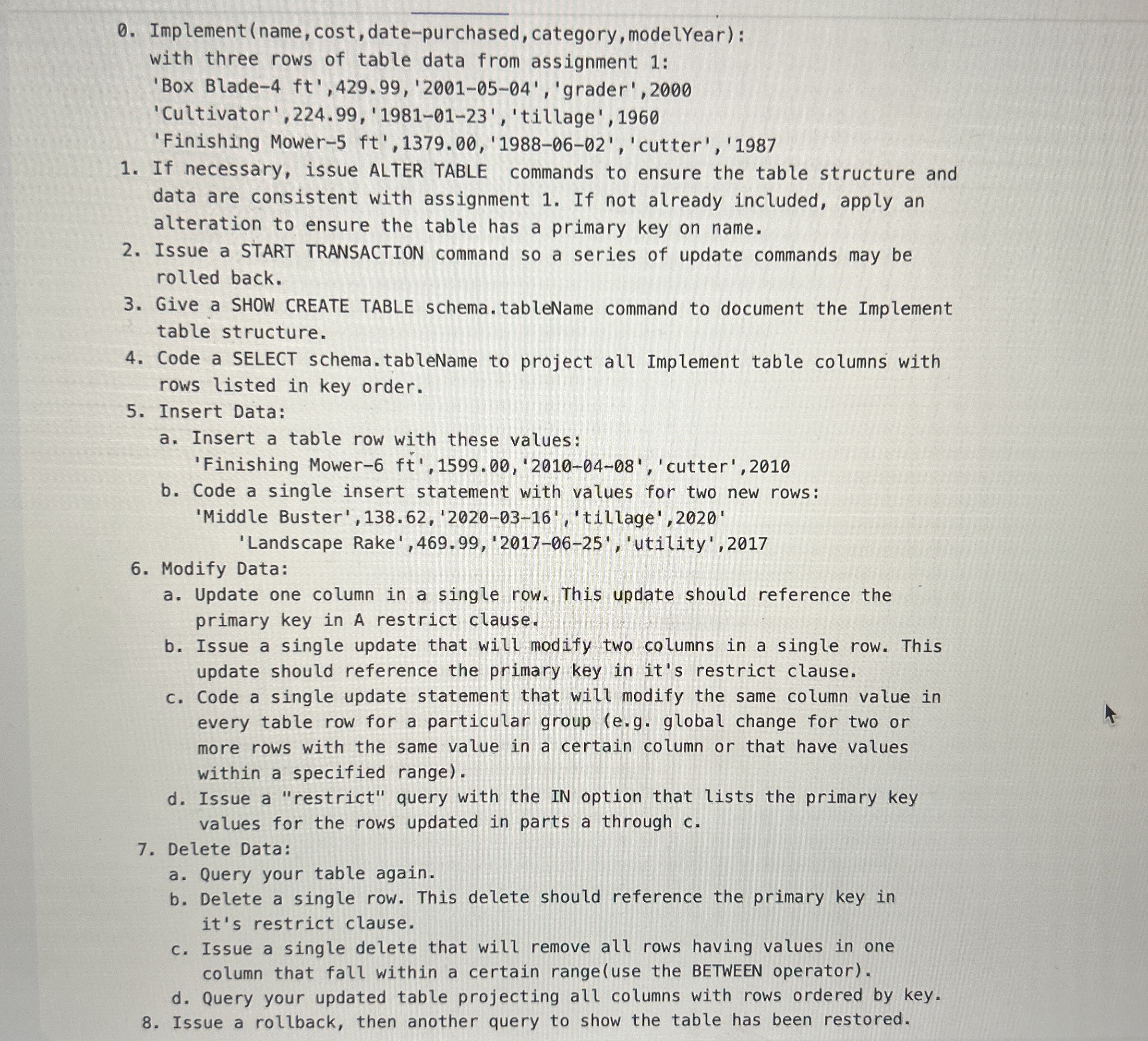 Prepare SQL to update your implement database