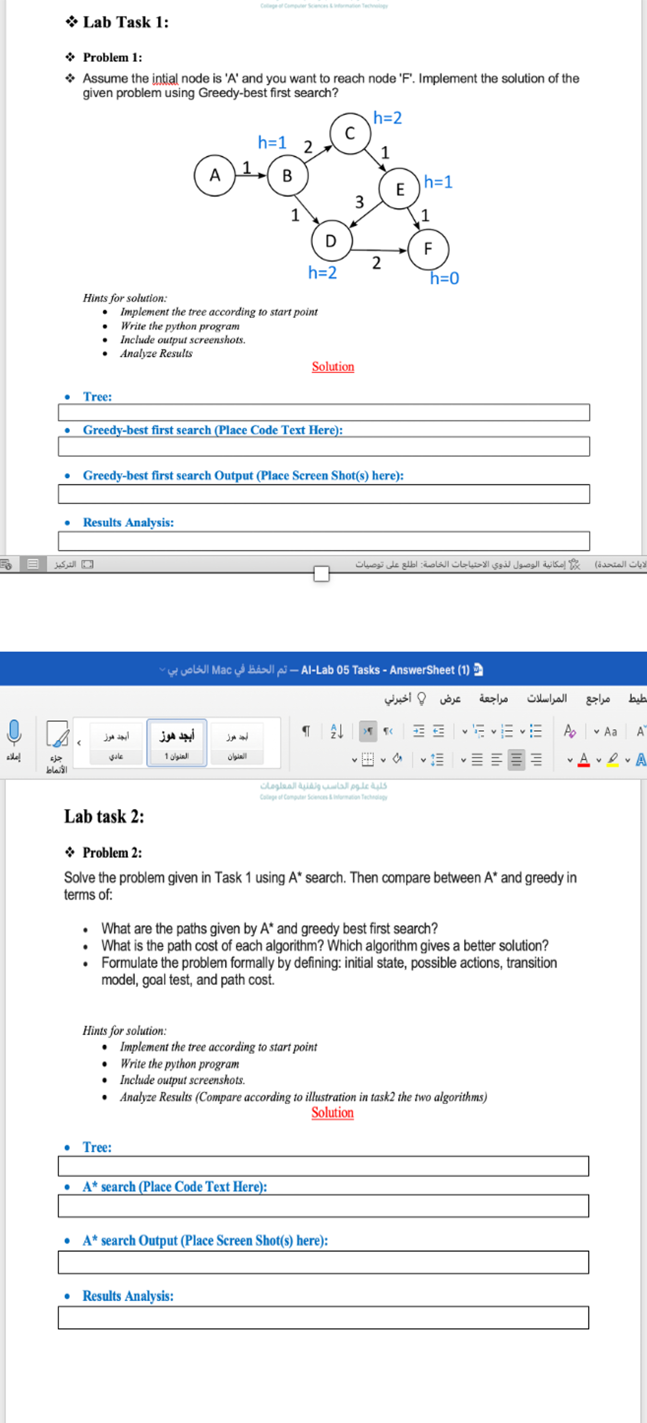 & Lab Task 1 : Problem 1 : Assume the intial node