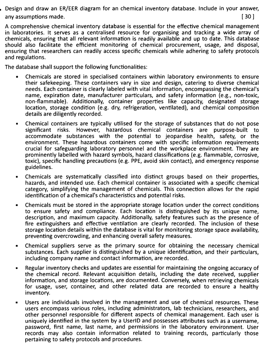 Design and draw an ER / EER diagram for an