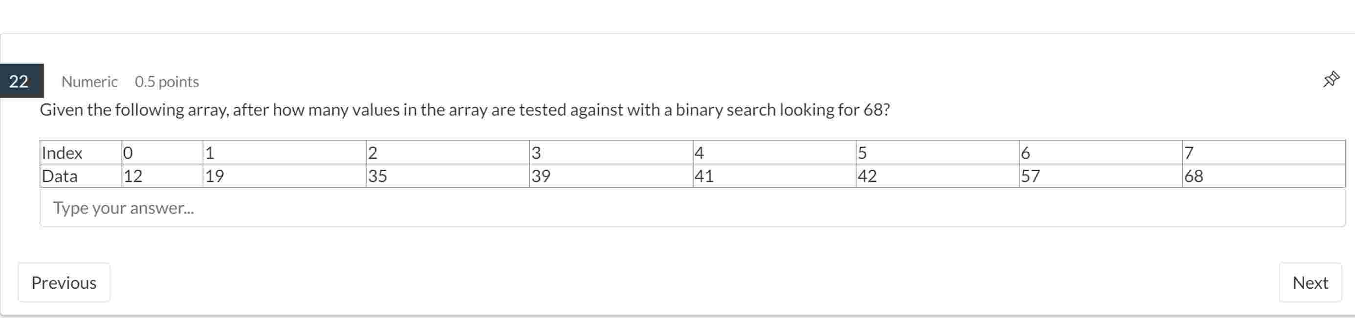 Numeric 0 . 5 points Given the following array,