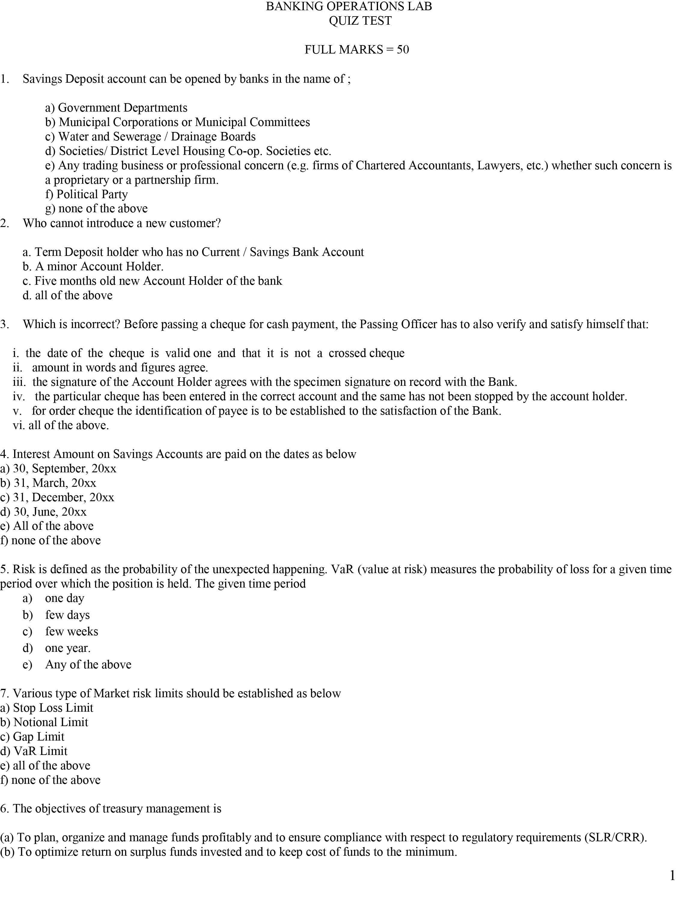 BANKING OPERATIONS LAB QUIZ TEST FULL MARKS = 50