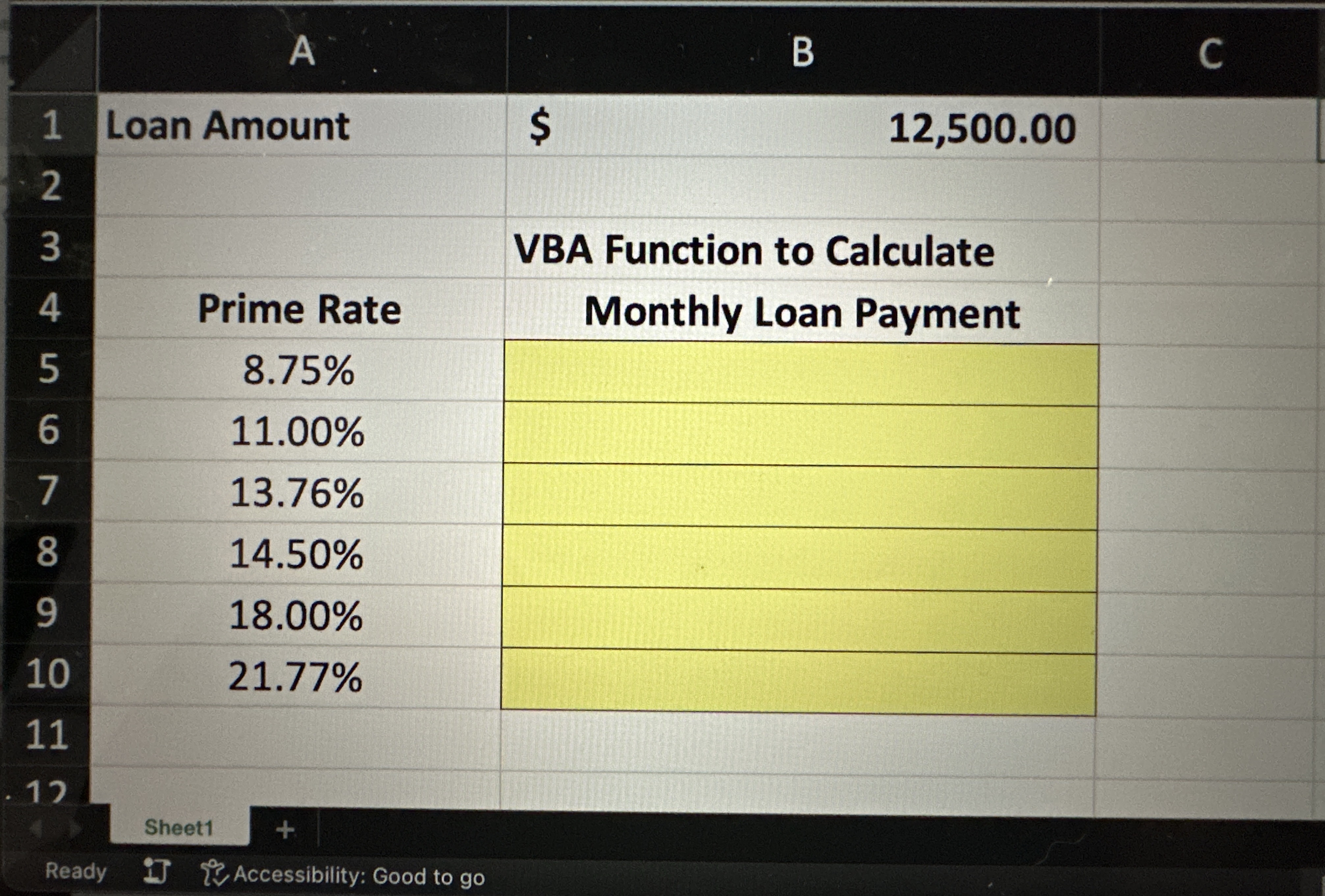 create a VBA function to calculate the monthly