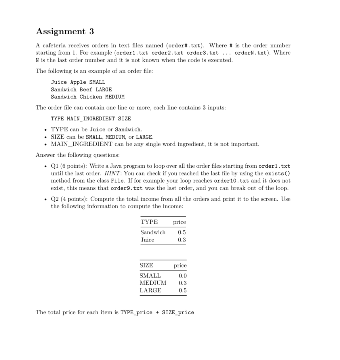 Assignment 3 A cafeteria receives orders in text